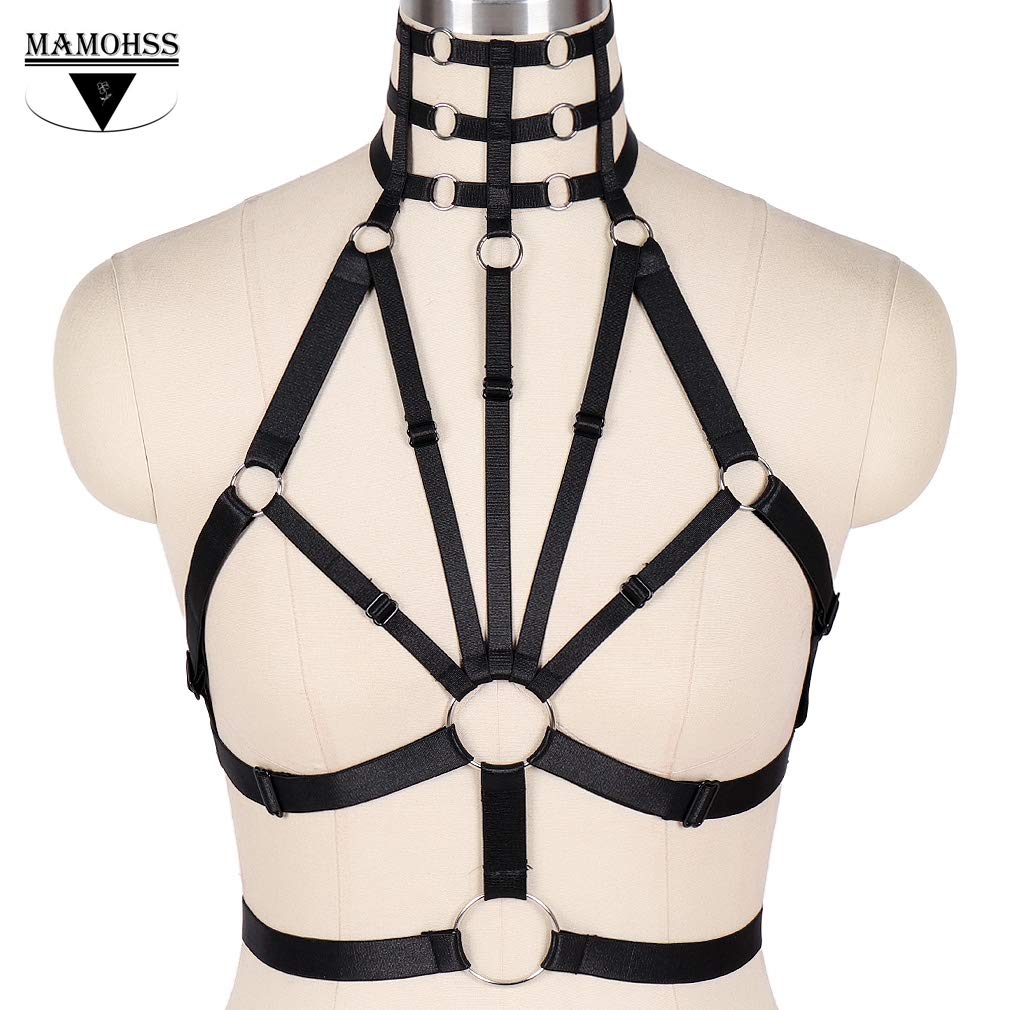 MAMOHSS Gothic Punk Strappy Lingerie Bra - Women's Fashion Elastic Harness Exotic Caged Bras for Night Out & Cosplay
