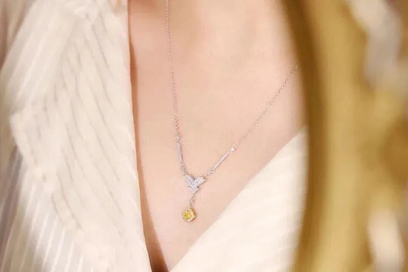 18K White Gold Y-Shaped Diamond Pendant Necklace for Women - Elegant Real Natural Yellow Diamond Jewelry Gift for Anniversary, Birthday & Special Occasions
