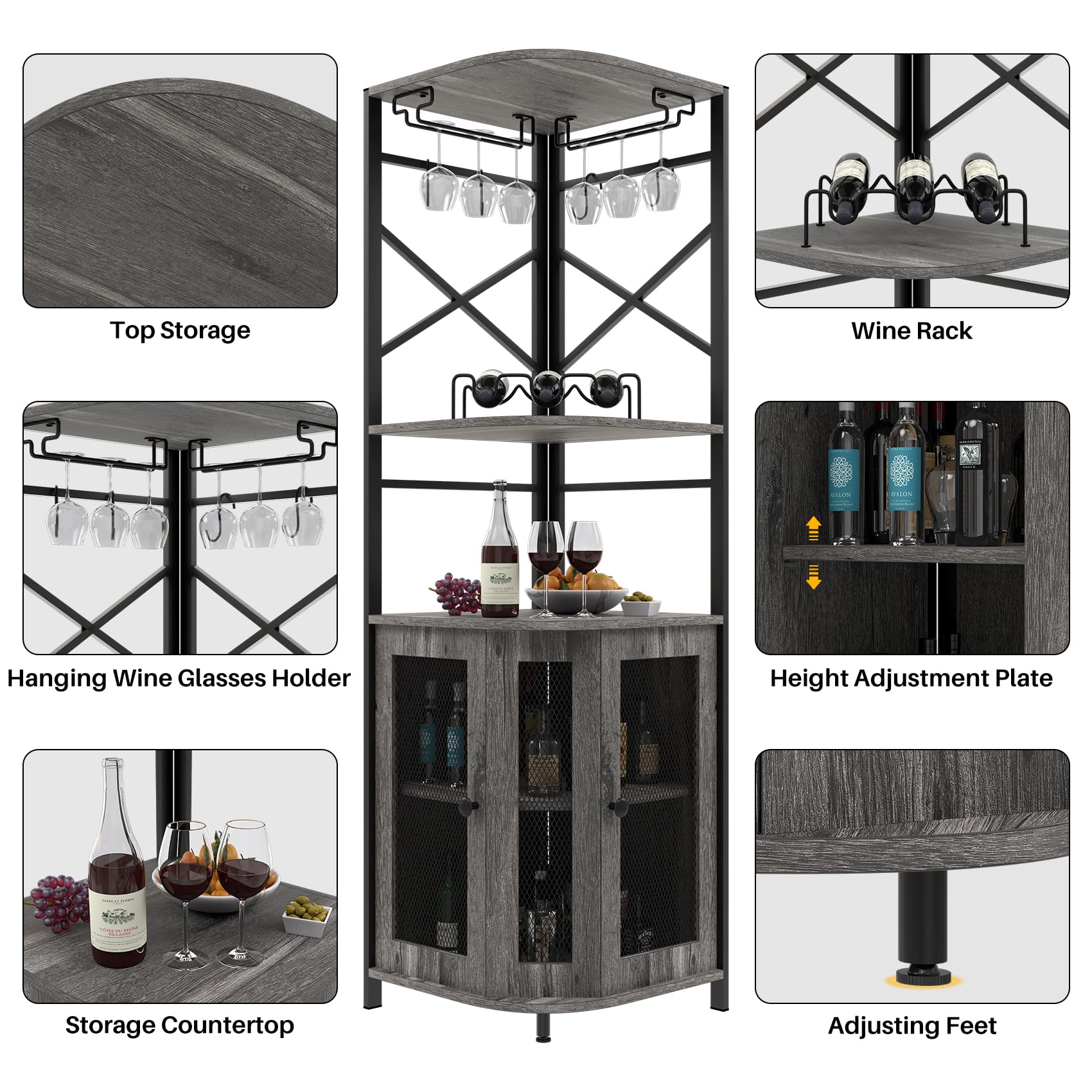 Modern Grey Corner Bar Cabinet with Wine Rack, Glass Holder & Adjustable Shelves - Mesh Door Liquor Storage Cabinet for Home Bar, Dining Room or Entertainment Area