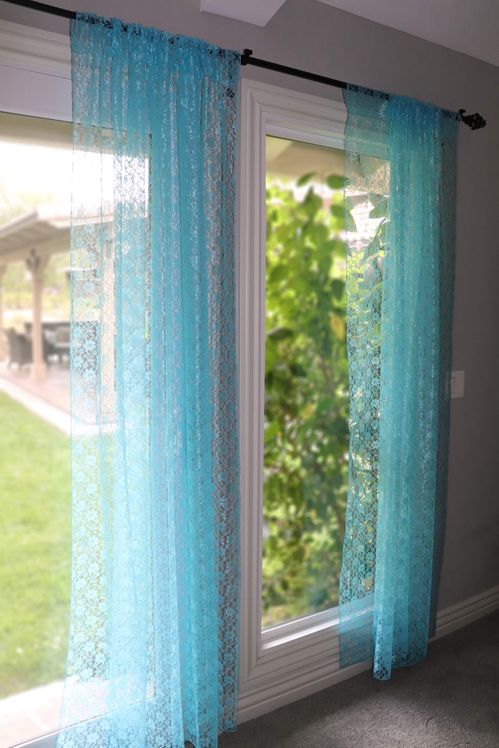 Floral Lace Window Curtain - Sheer Aqua Lace Panel for Bedroom & Kitchen Decor