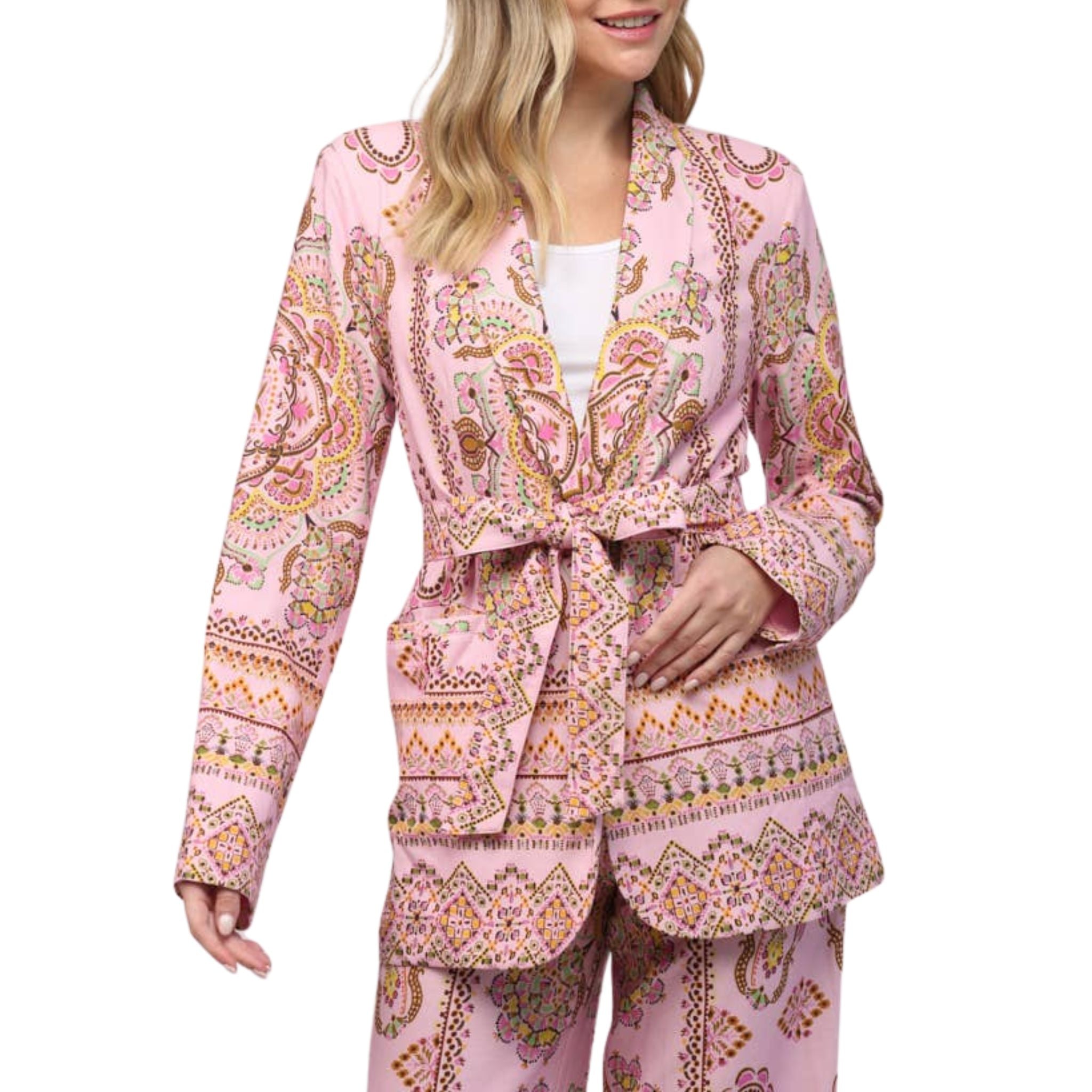 Stylish Border Print Linen Blend Blazer for Women - Lightweight Summer Jacket for Office Wear, Business Casual & Outdoor Events