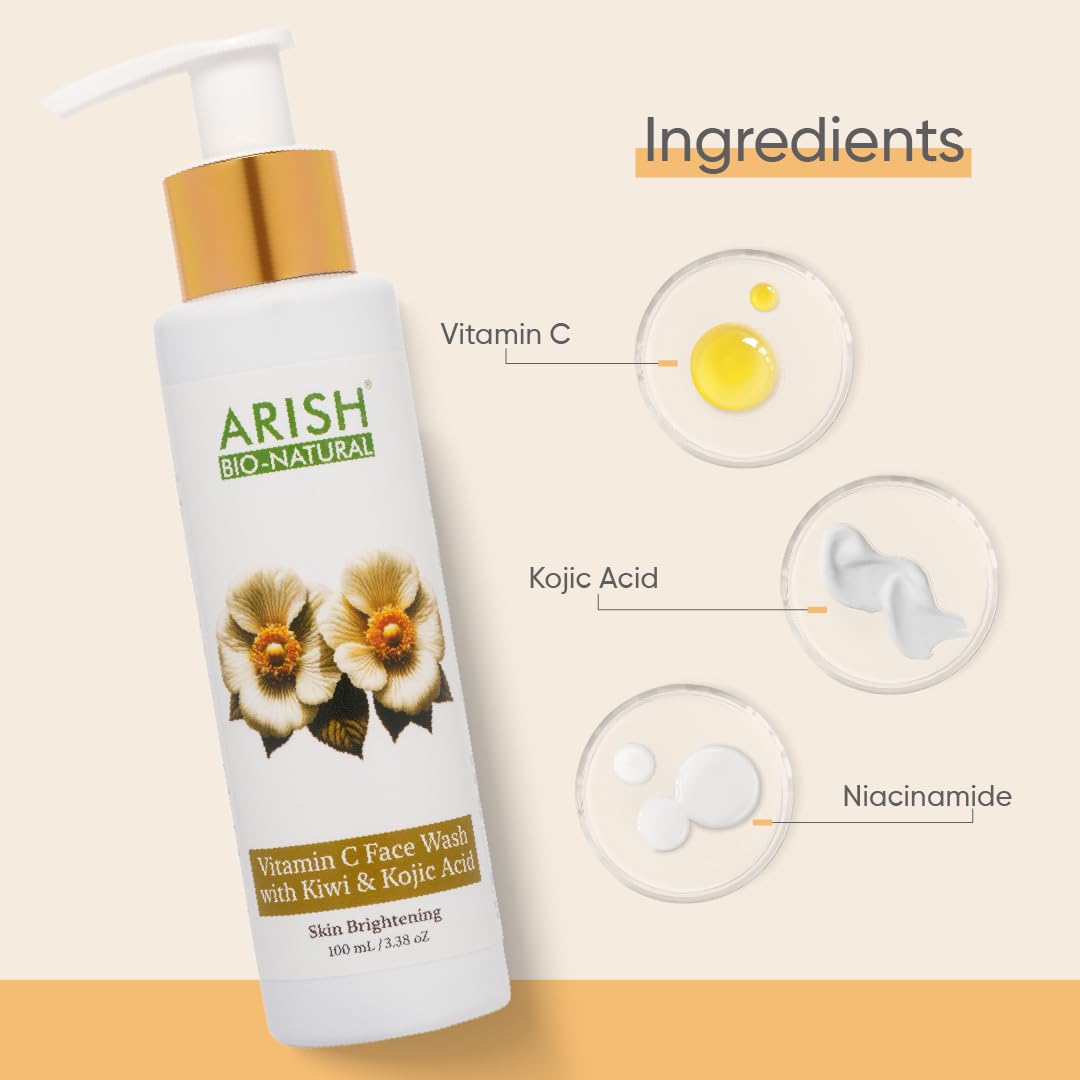 Arish Bio-Natural Vitamin C Face Wash for Brightening & Dark Spot Reduction - Fades Pigmentation & Evens Skin Tone with Kojic Acid & Niacinamide | Hydrating Antioxidant Formula | 100ml | Perfect for Morning & Night Skincare Routine