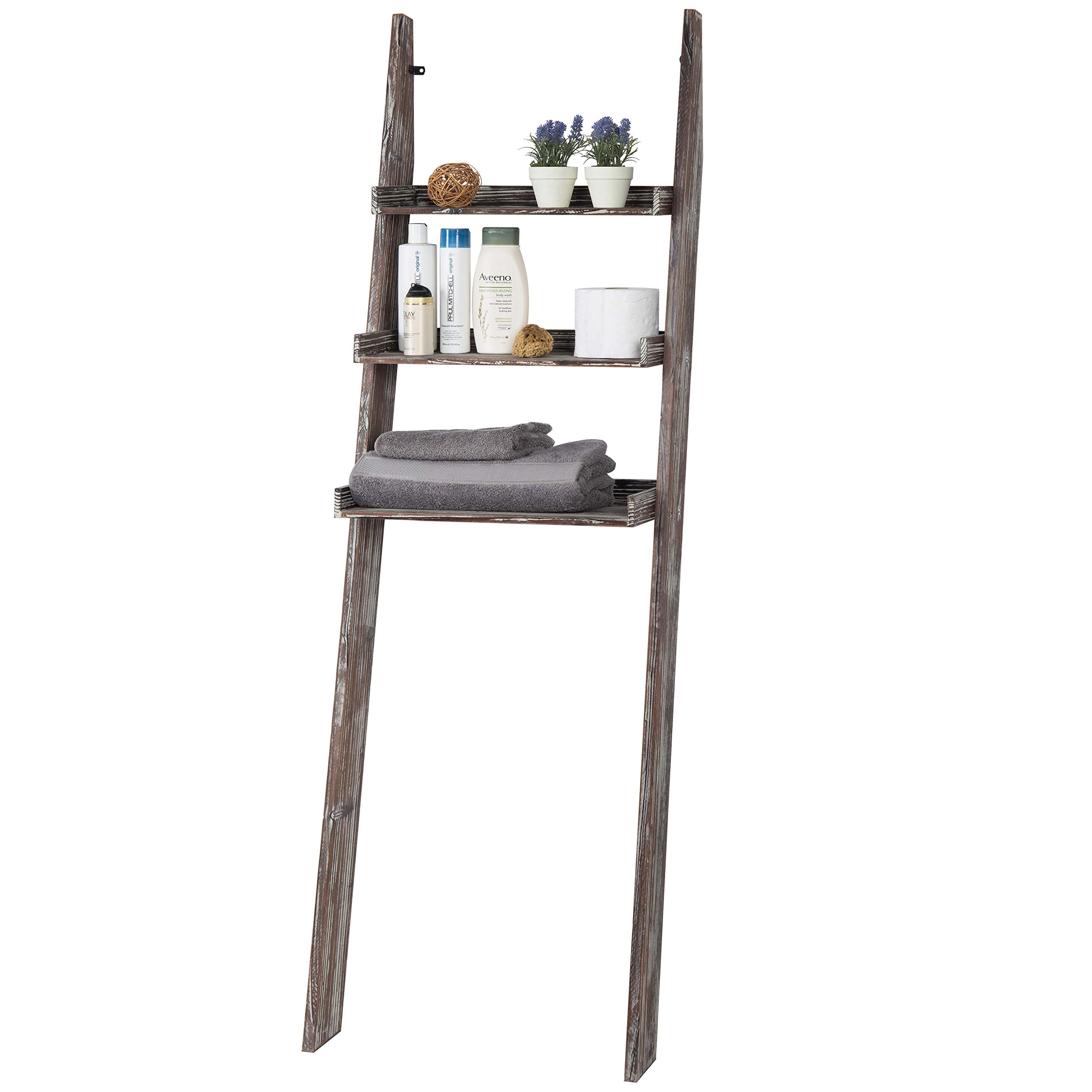 MyGift 3-Tier Over The Toilet Storage Shelf - Solid Torched Wood Wall Leaning Ladder Bathroom Organizer Rack for Small Spaces | Space-Saving Bathroom Storage Solution for Towels, Toiletries & Decor