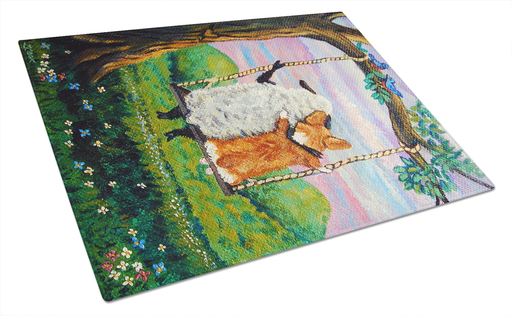 Corgi With Sheep Love Grows Tempered Glass Cutting Board - Large Decorative Kitchen Chopping & Serving Board for Cheese, Charcuterie & Entertaining | Caroline's Treasures 7439LCB
