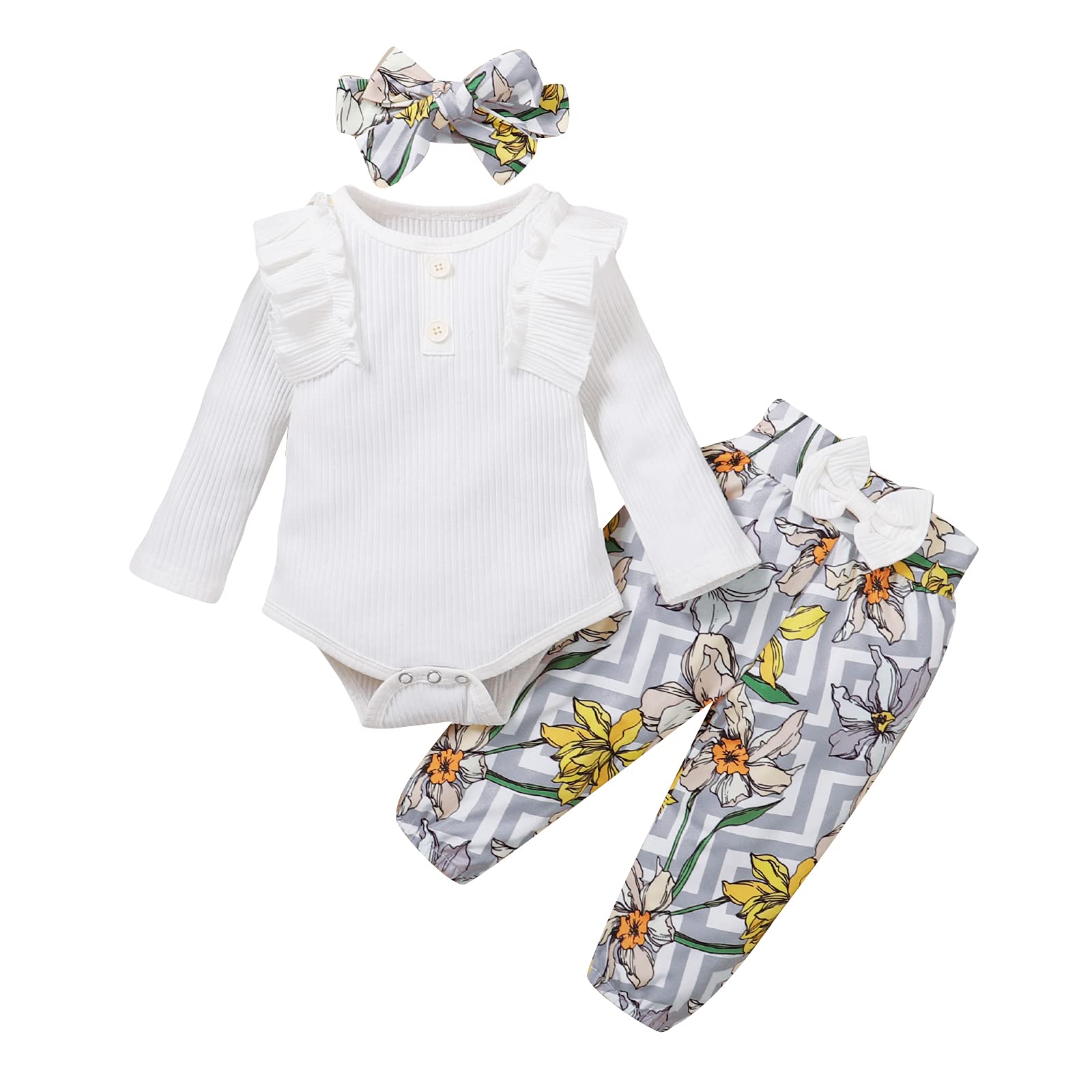 Verve Jelly Newborn Baby Girl Outfit - Floral Ruffle Long Sleeve Romper Bodysuit with Pant & Headband Set | Cute Infant Clothes for Photo Shoots, Parties & Special Occasions