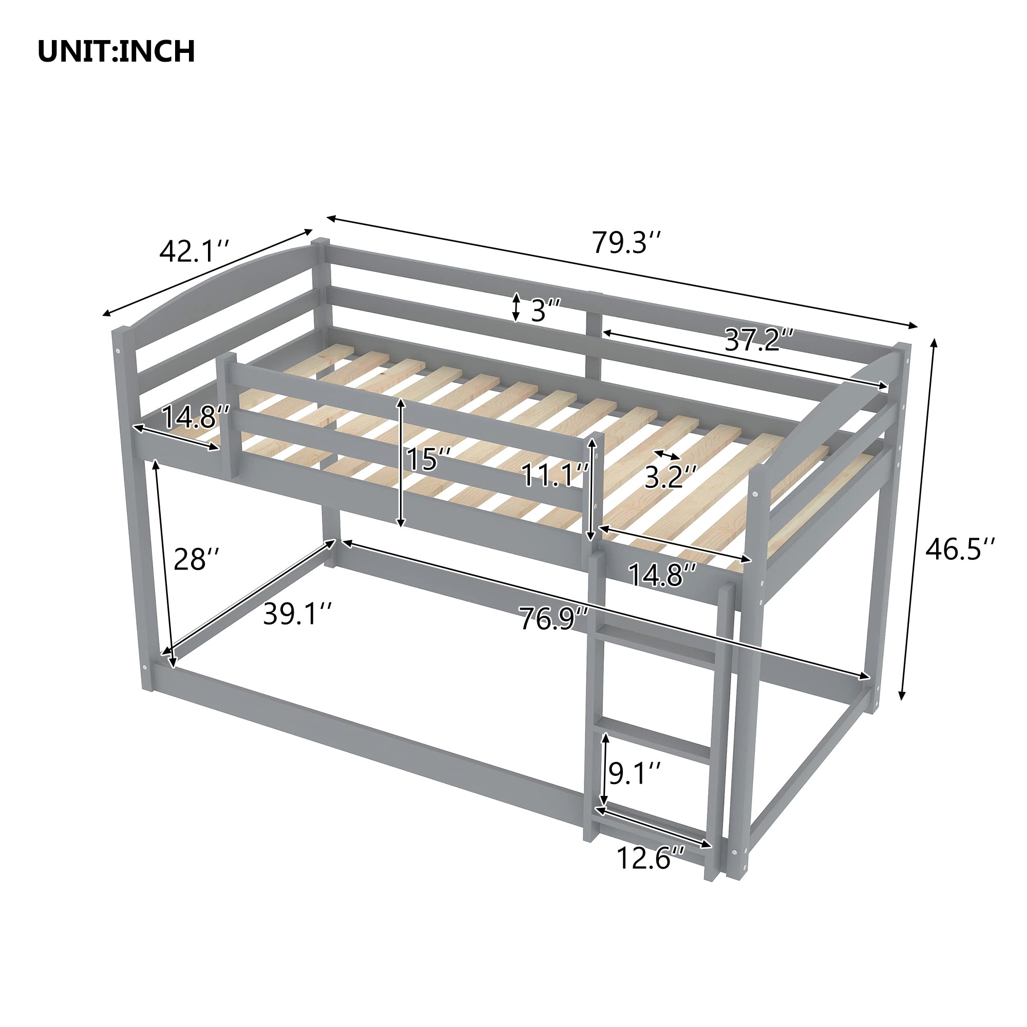 Twin Over Twin Solid Wood Bunk Bed with Ladder & Safety Guardrails - Space Saving Low Bunk Bed Frame with Slats for Teens Bedroom - No Box Spring Needed - Gray - Perfect for Small Rooms, Kids' Bedrooms & Vacation Homes