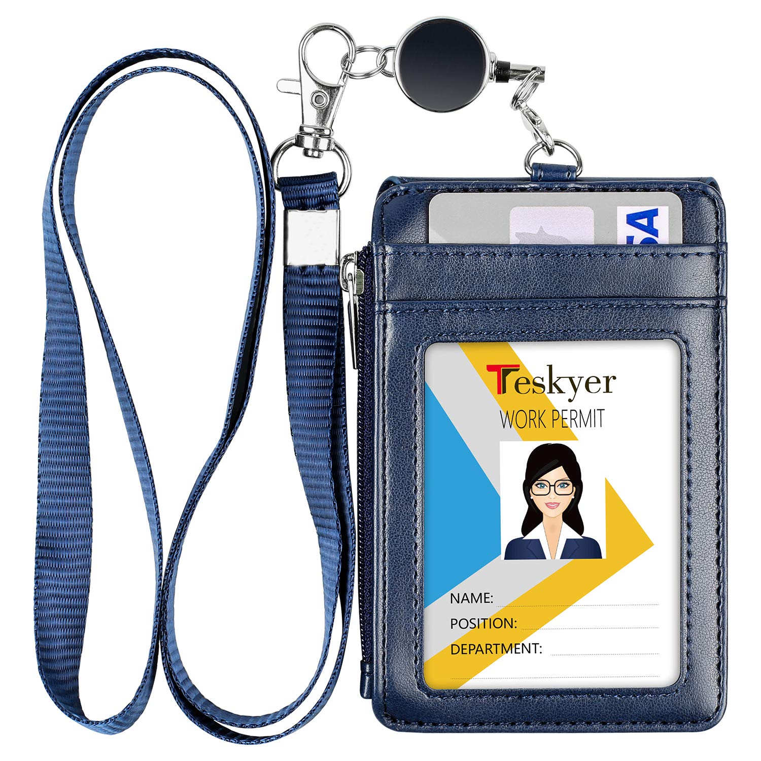 Premium PU Leather ID Badge Holder with Retractable Lanyard - 4 Card Slots & Zipper Pocket - Easy Swipe Design for Work ID, School ID, Metro Card & Access Card - Perfect for Office, Campus & Public Transportation
