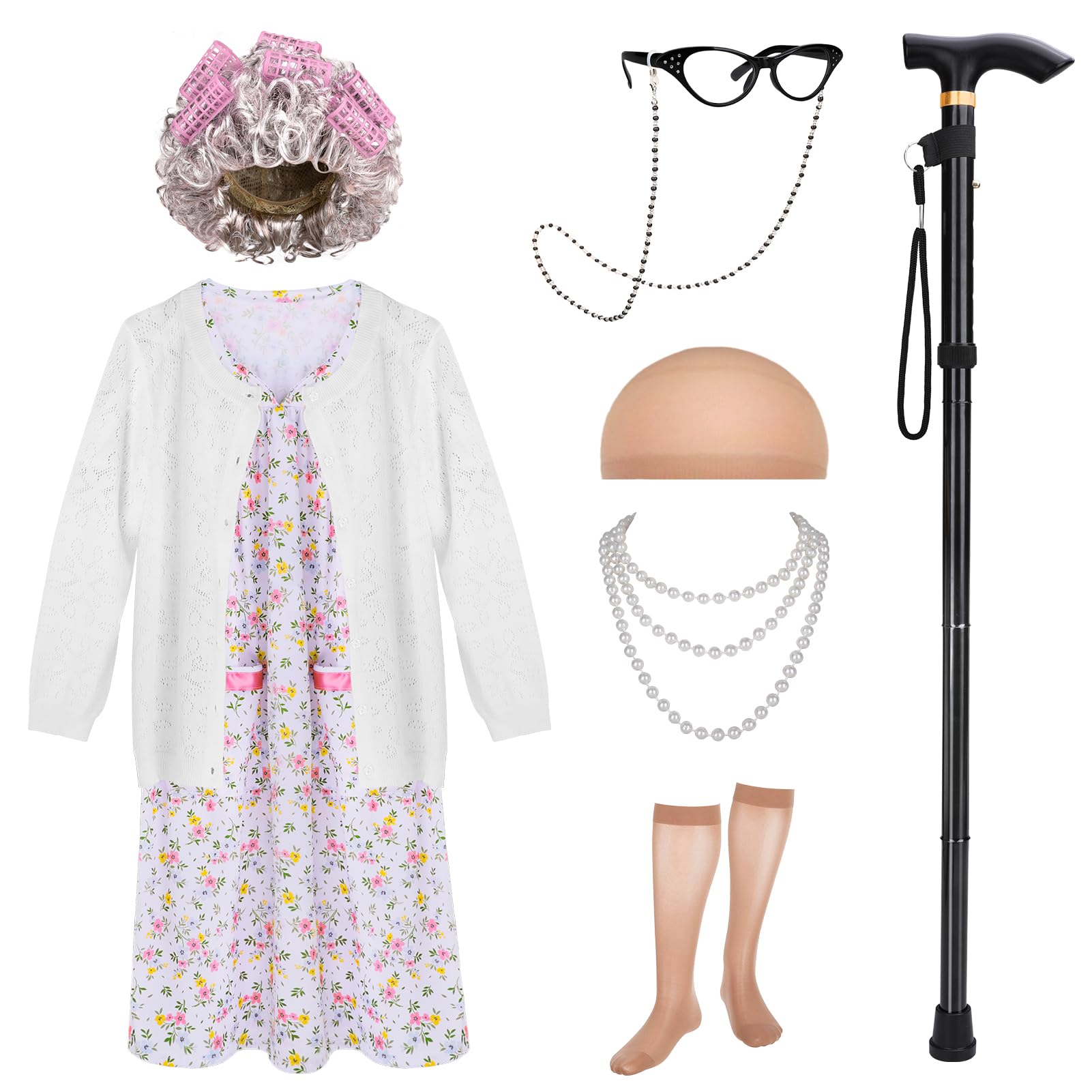 ZITURI Kids Old Lady Costume - 100 Days of School Grandma Dress Up Outfit - Vintage Halloween & Themed Party Costume for Girls & Boys - Perfect for School Events, Halloween, and Role Play