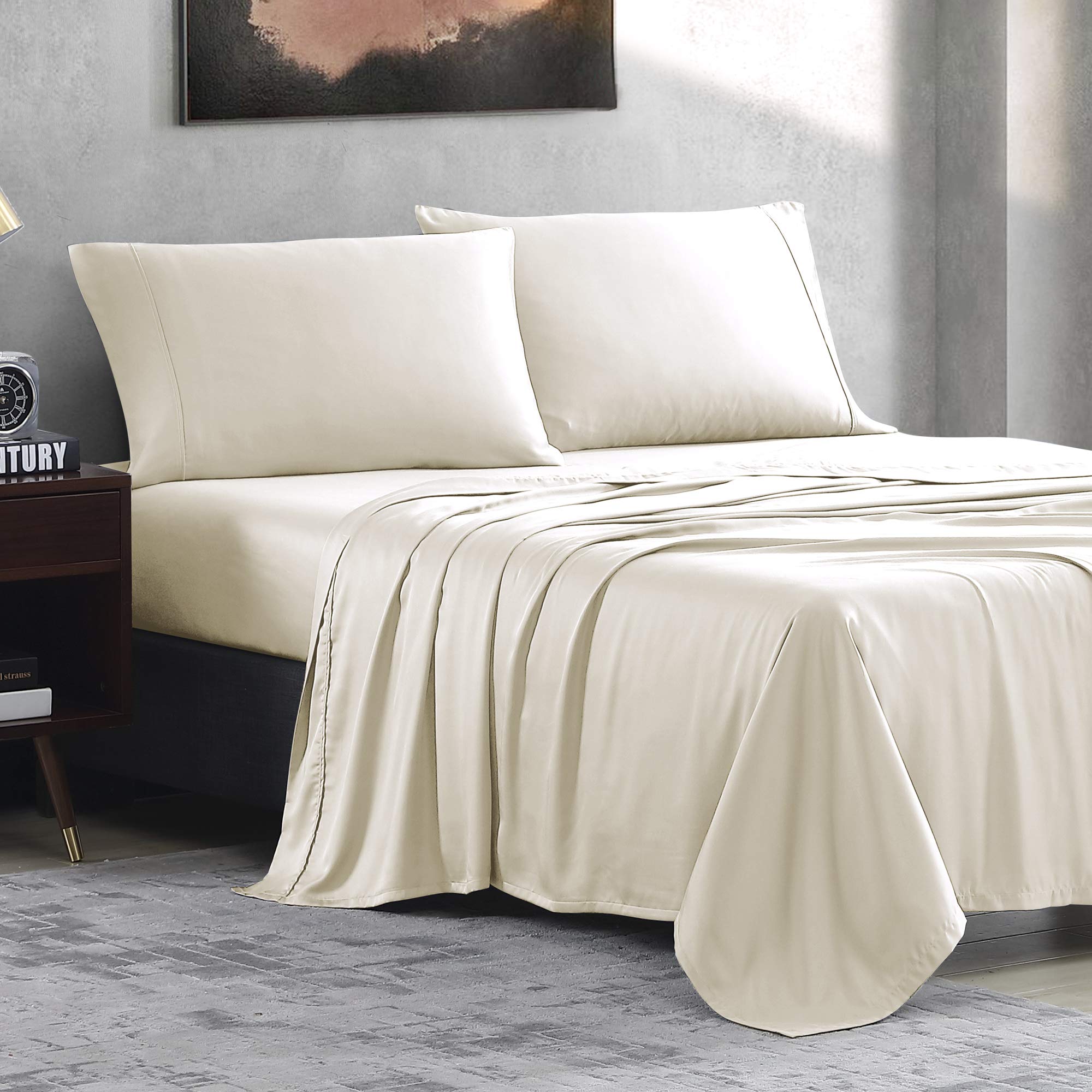 Valeron 100% Tencel Modal Sateen Woven King Sheet Set - Luxuriously Soft, Breathable & Cooling Beech Tree Fiber Bedding - Ivory - Perfect for Hot Sleepers & All-Season Comfort