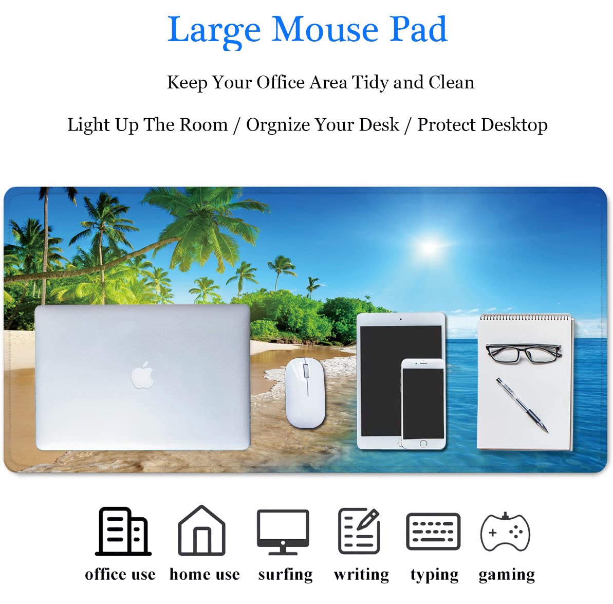 RTGGSEL 31.5x11.8 Inch Extra Large Non-Slip Gaming Mouse Pad with Stitched Edges - Waterproof Keyboard Mouse Mat for PC, Laptop, Office & Gaming (Beach View Design) - Perfect for Work, Gaming & Home Office Setup
