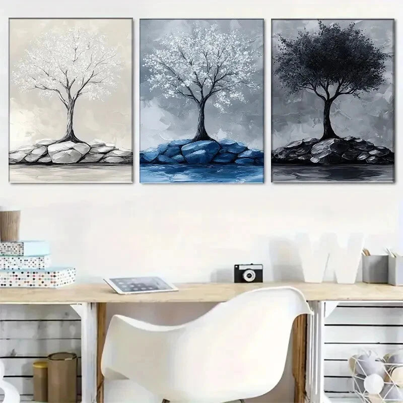 3-Piece Abstract Tree Canvas Art Set - Metal Print Wall Decor Ready to Hang - Perfect for Living Room, Bedroom & Office Decor