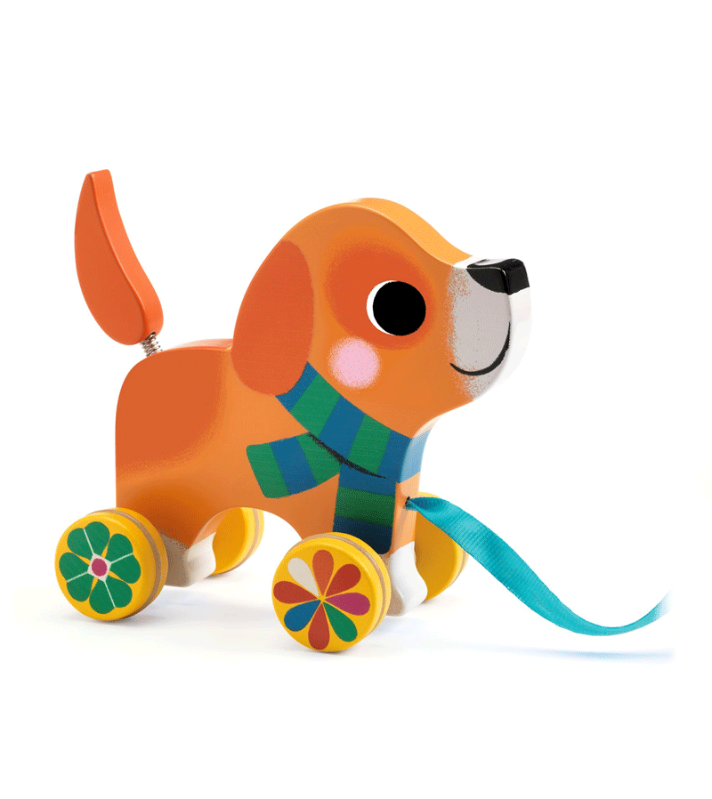 Lou Dog Pull Along Toy by Djeco - Fun Wooden Pull Toy for Toddlers & Kids, Perfect for Indoor & Outdoor Play