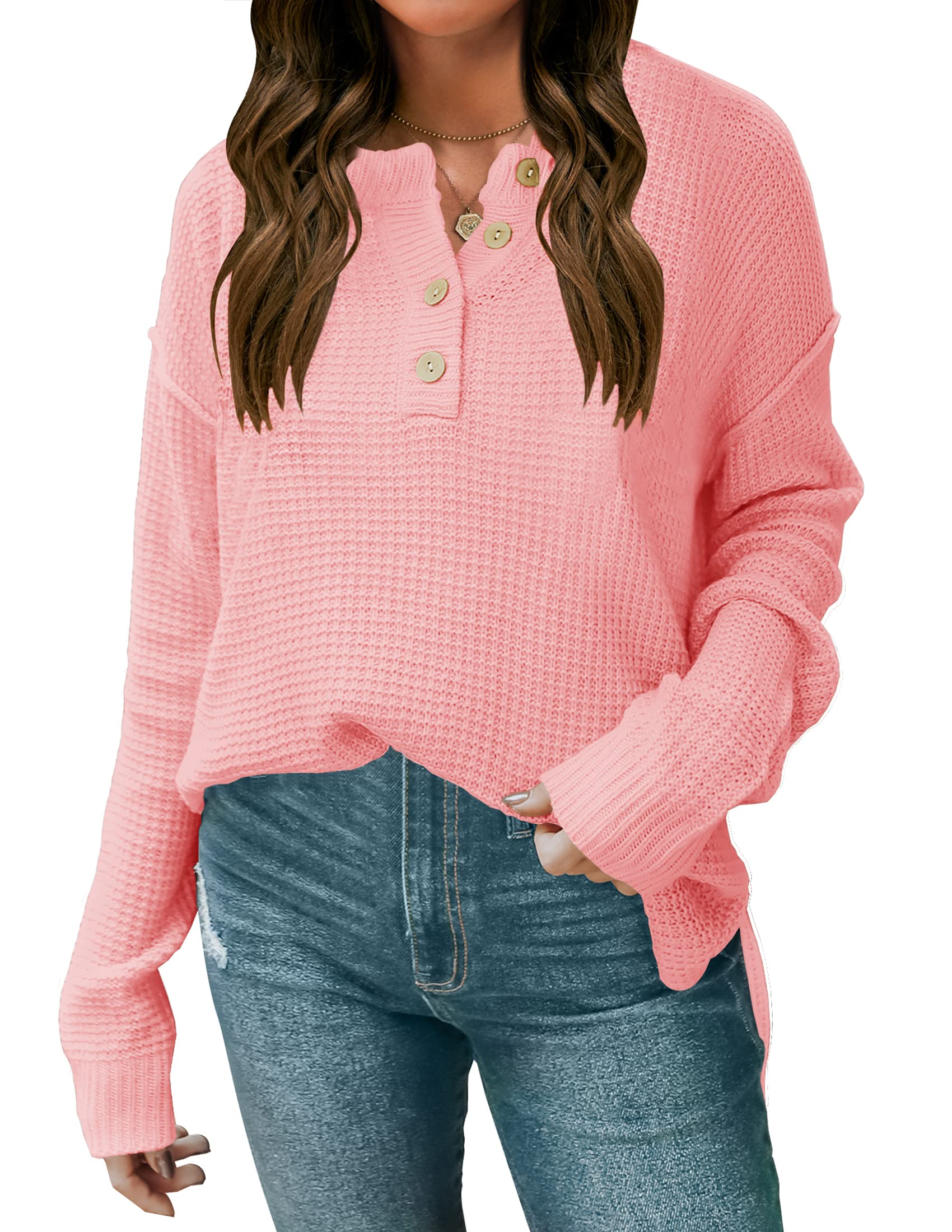 ZESICA Women's 2023 Casual V-Neck Sweater - Loose Fit Long Sleeve Waffle Knit Button Henley Pullover Top | Cozy Fall & Winter Fashion for Work, Dating & Everyday Wear