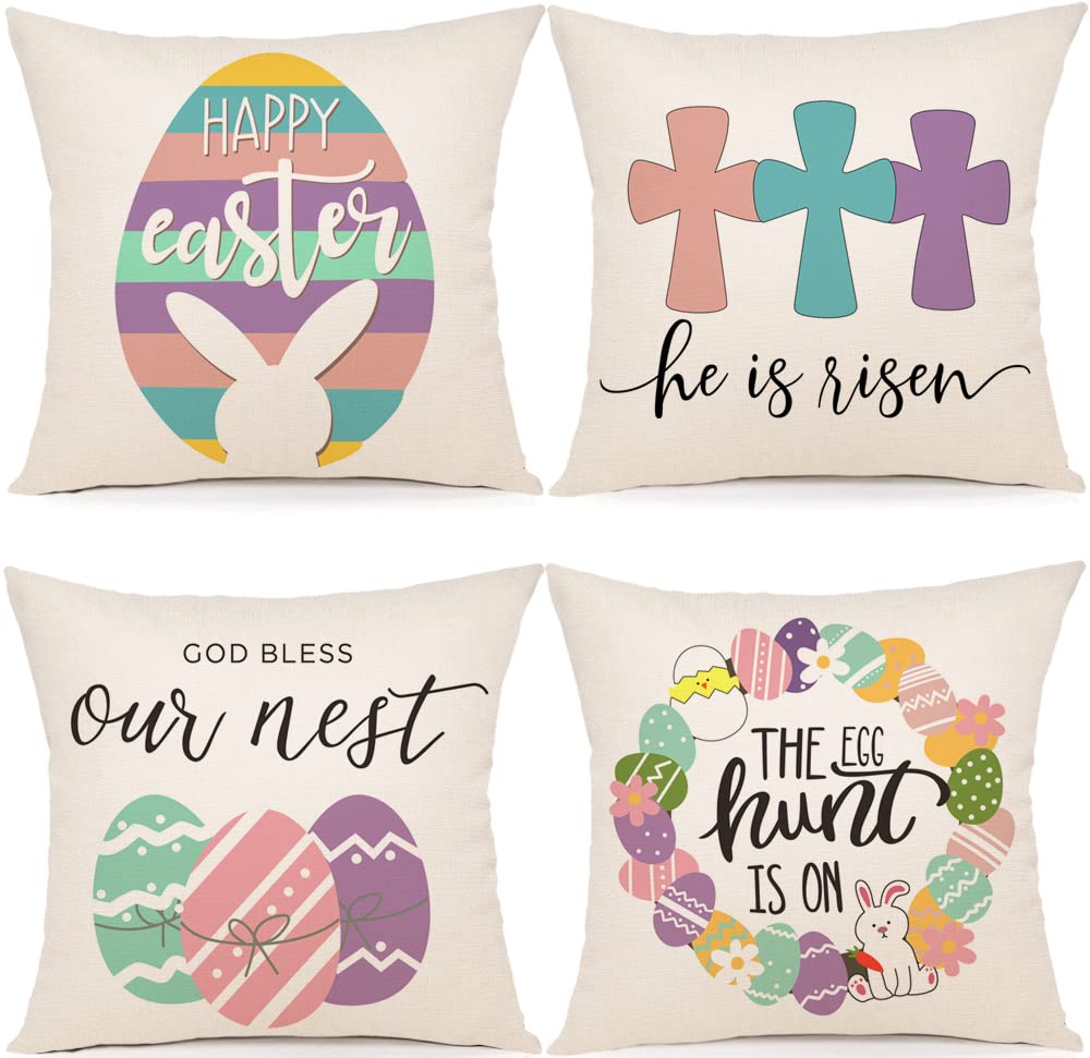 Easter Pillow Covers 18x18 Inch Set of 4 - Spring Farmhouse Decor, Easter Eggs Throw Pillow Covers for Couch, Sofa, Bedroom - Home Easter Decorations for Living Room, Porch & Seasonal Holiday Decor