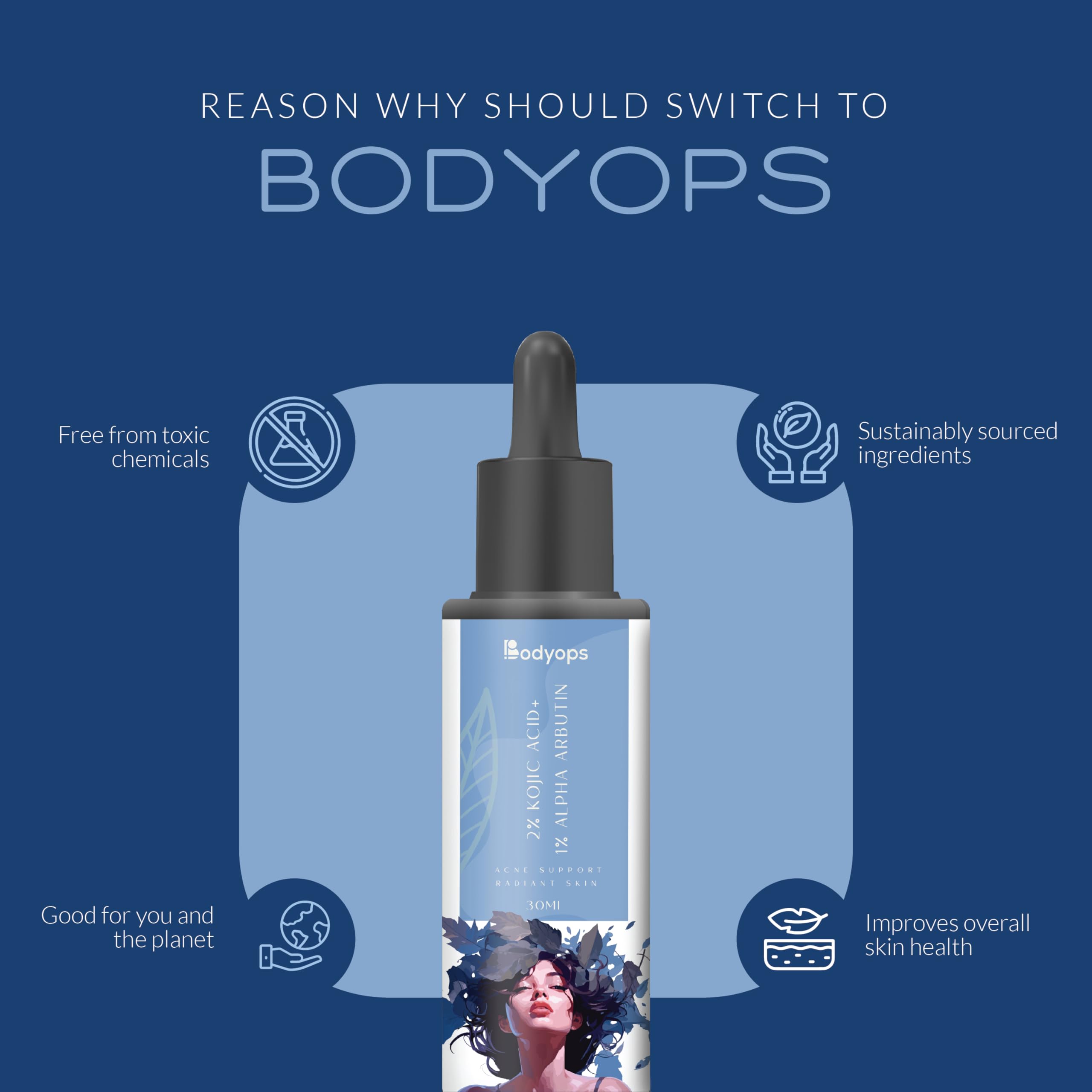 Bodyops 2% Kojic Acid & 1% Alpha Arbutin Brightening Serum | Dark Spot Corrector for Hyperpigmentation & Melasma | Skin Tone Evening Treatment for Men & Women | 30ml – Perfect for Daily Skincare Routine & Post-Acne Marks
