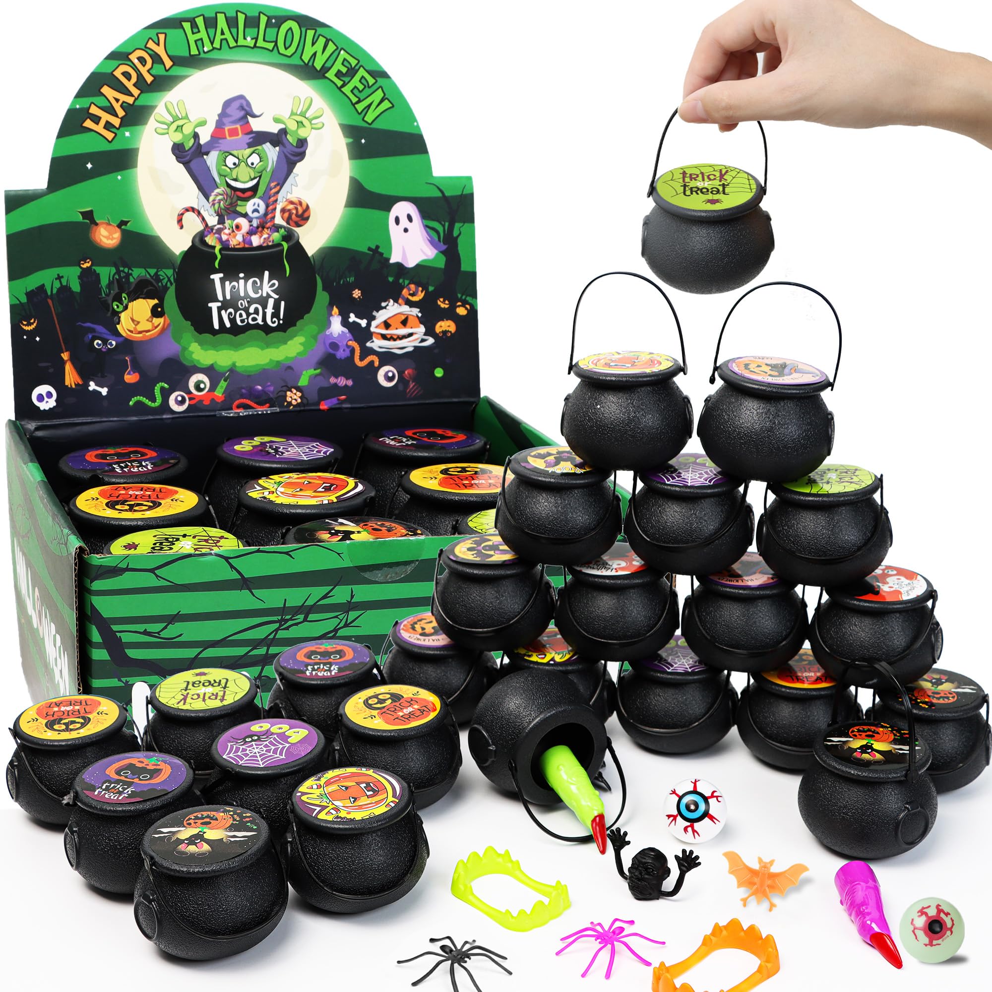 144 PCS Halloween Party Favors Kit - 18 Pack Prefilled Witch Cauldron Toys, Bulk Halloween Treats for Kids, Classroom Prizes & Trick or Treat Gifts for Boys & Girls - Perfect for School Parties, Classroom Rewards & Halloween Festivities