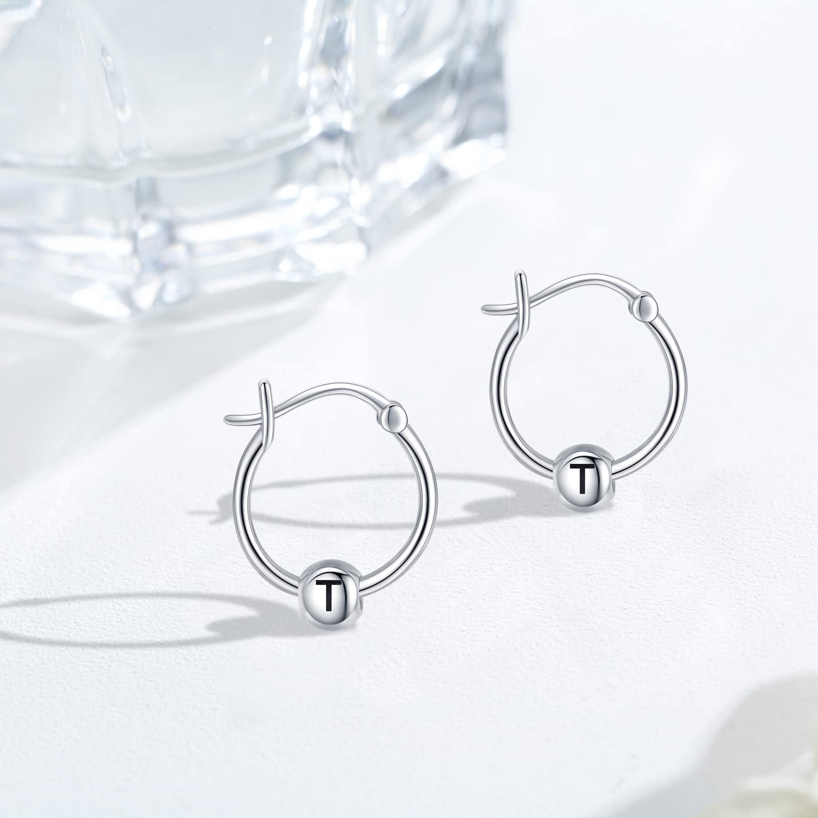 Personalized A-Z Initial Letter Earrings - 925 Sterling Silver Huggie Hoop Earrings with Bead Design | Hypoallergenic Jewelry Gift for Women | Perfect for Sensitive Ears, Everyday Wear, Birthdays & Special Occasions
