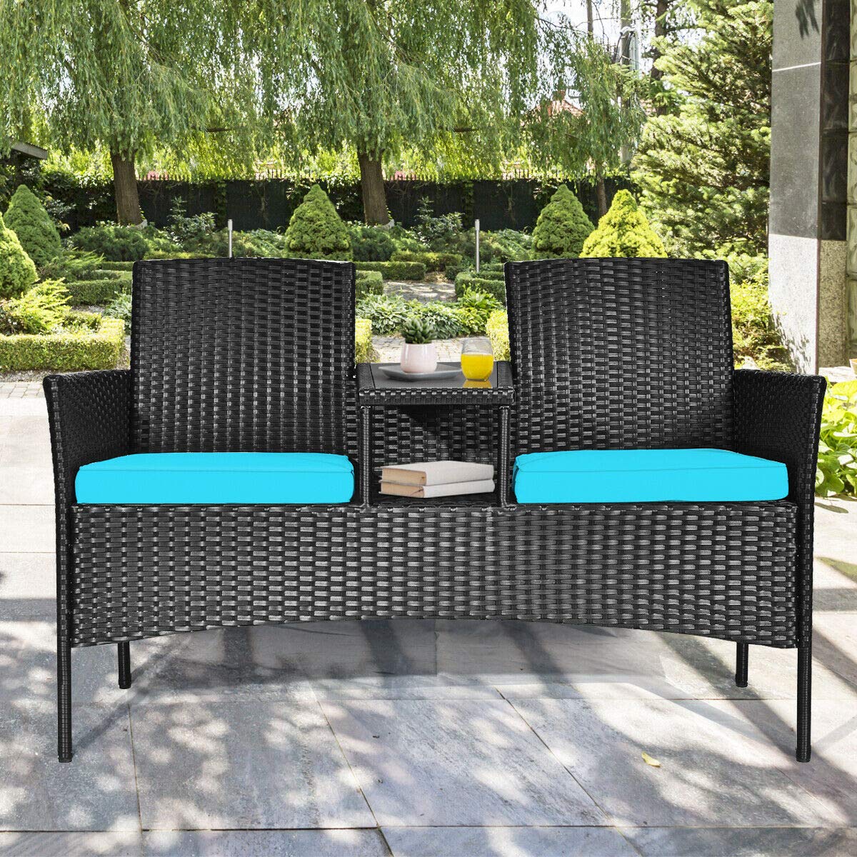 Relax4Life Outdoor Rattan Wicker Loveseat Set with Coffee Table & Removable Cushions - Patio, Garden, Balcony, Porch Furniture for Relaxing & Entertaining (Black & Blue) - Perfect for Backyard Lounging, Poolside Chats & Summer Gatherings