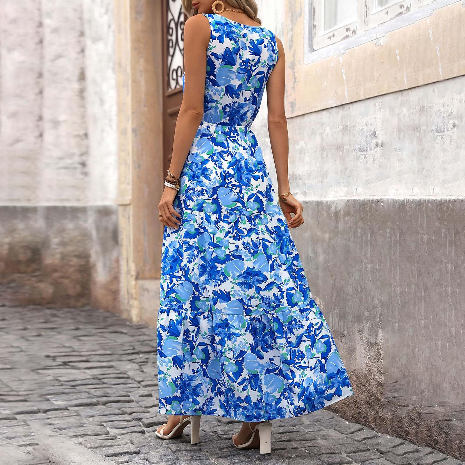 2024 Women's Sleeveless V-Neck Floral Maxi Dress - Casual Loose Flowing Sundress for Beach, Vacation & Summer Outfits | Plus Size Options Available