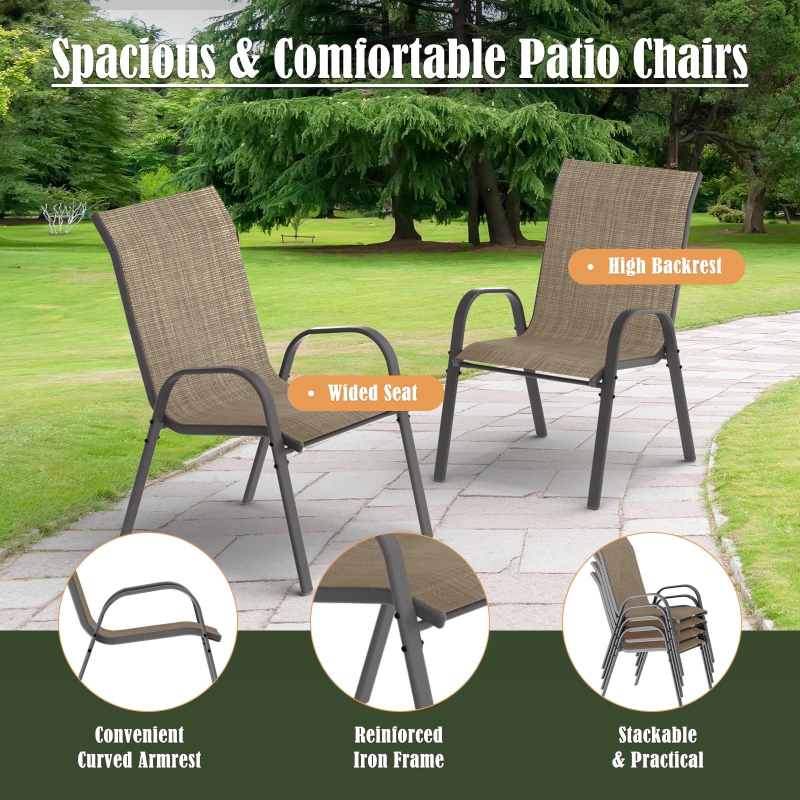 Amopatio 5-Piece Outdoor Dining Set with Textured Glass Tabletop & 4 Stackable Chairs - Patio Furniture for Balcony, Porch, Lawn (Brown) | Perfect for Backyard BBQs, Garden Parties & Outdoor Entertaining