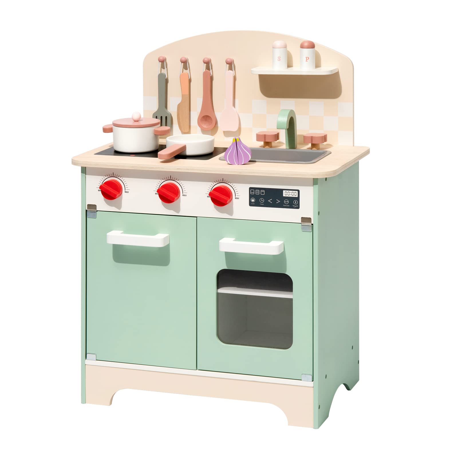 ROBOTIME Wooden Play Kitchen Toy Set for Kids Ages 3-8 - Realistic Pretend Chef Cooking Playset with Utensils for Toddlers & Preschoolers (Green) | Pretend Play, Birthday Gift, Daycare Learning Activity