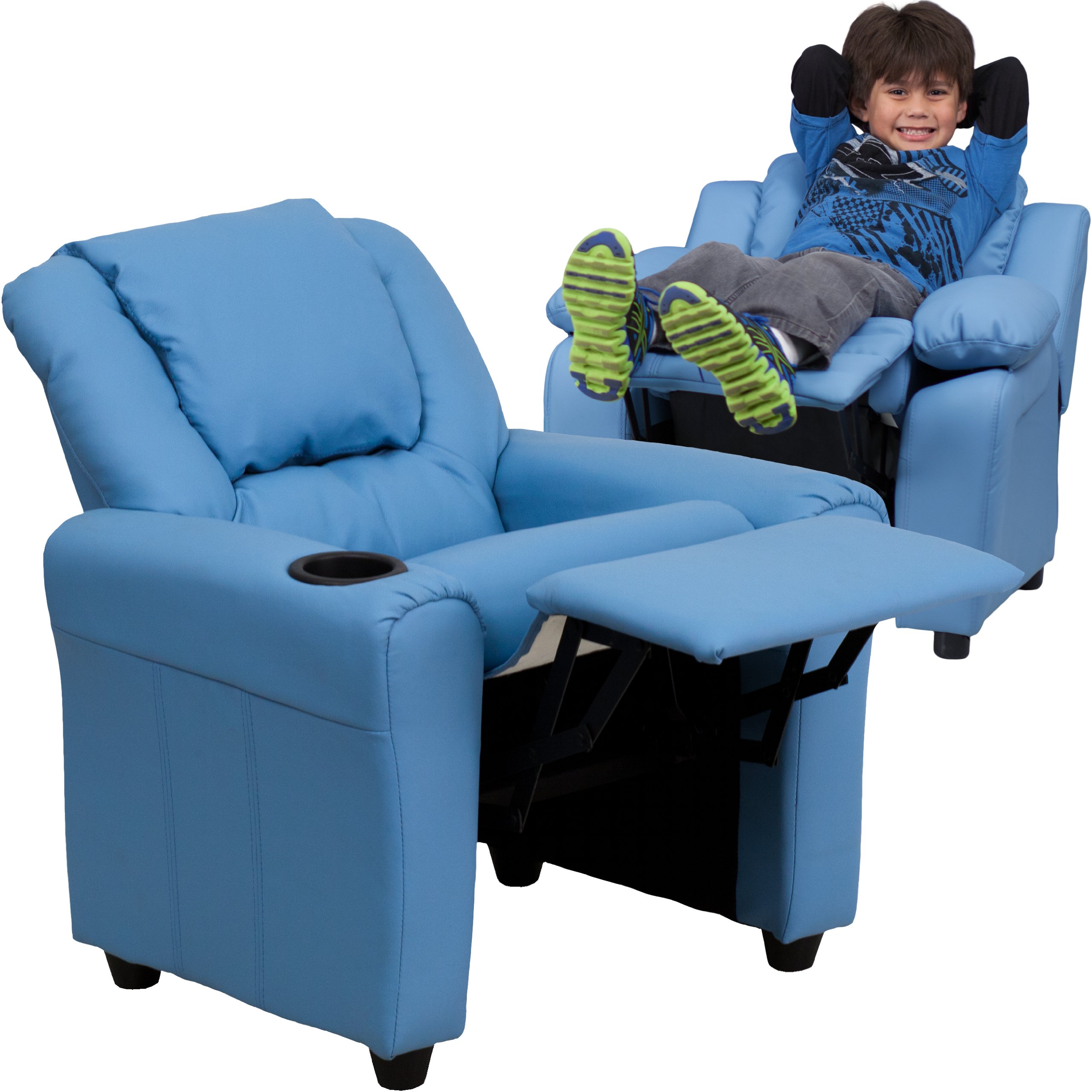 Light Blue Vinyl Kids Recliner Chair with Cup Holder & Headrest - Comfortable Lounge Chair for Children's Bedroom, Playroom or TV Room