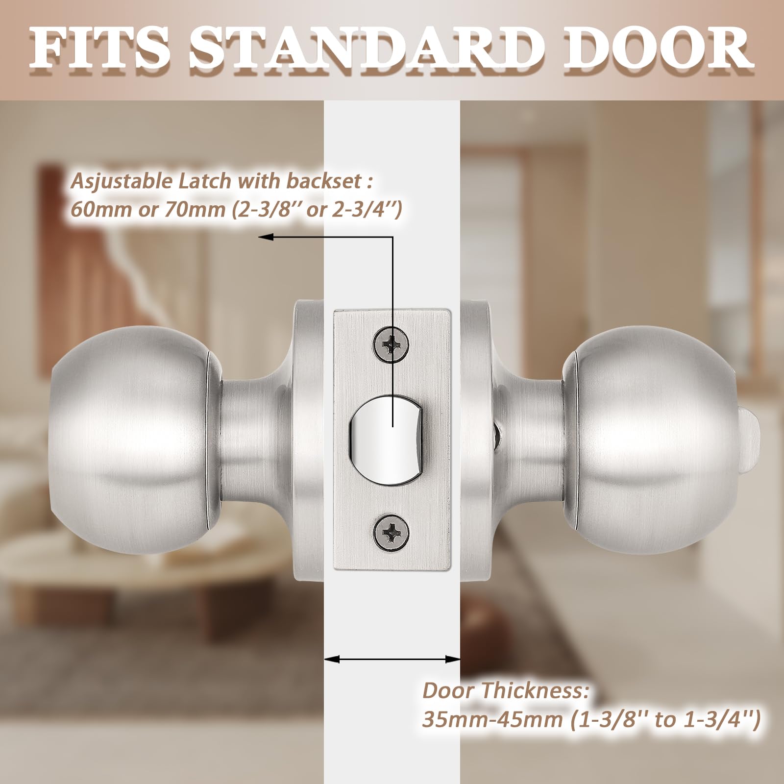Probrico 8 Pack Satin Nickel Keyless Privacy Door Knobs - Adjustable Latch Backset for Bedroom & Bathroom Interior Doors | Secure, Easy Installation for Homes & Apartments