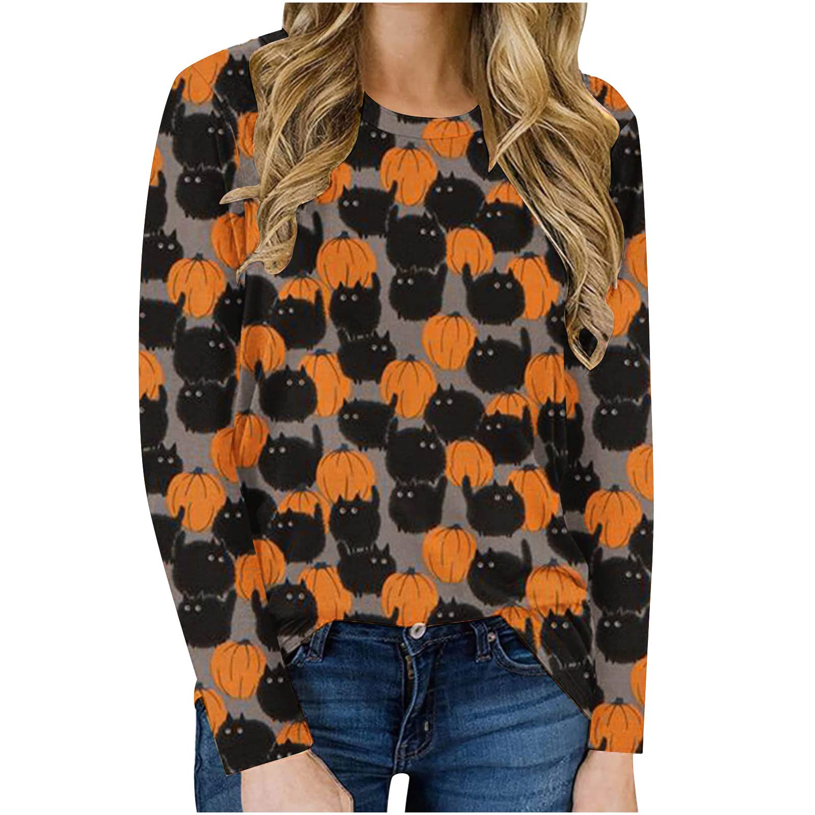 Women's Halloween T-Shirts - Ghost Pumpkin Bat Print Long Sleeve Fall Shirts | Christmas Party, Spooky Night Out, Autumn Casual Wear