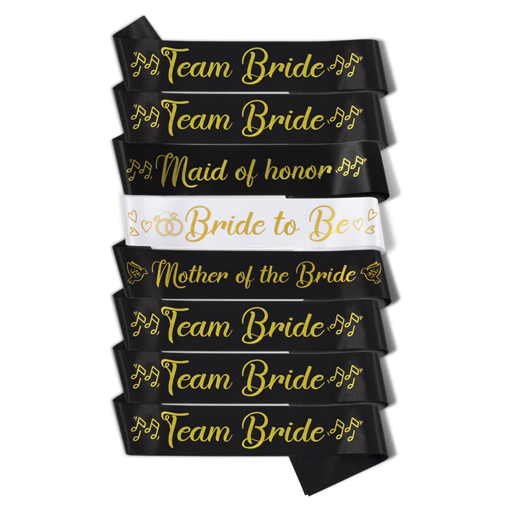 8-Piece Black Bridal Shower Sash Set - Bride to Be, Maid of Honor & Bridesmaid Sashes for Bachelorette Party, Wedding Decorations - Perfect for Bridal Showers, Hen Nights & Bride Tribe Celebrations
