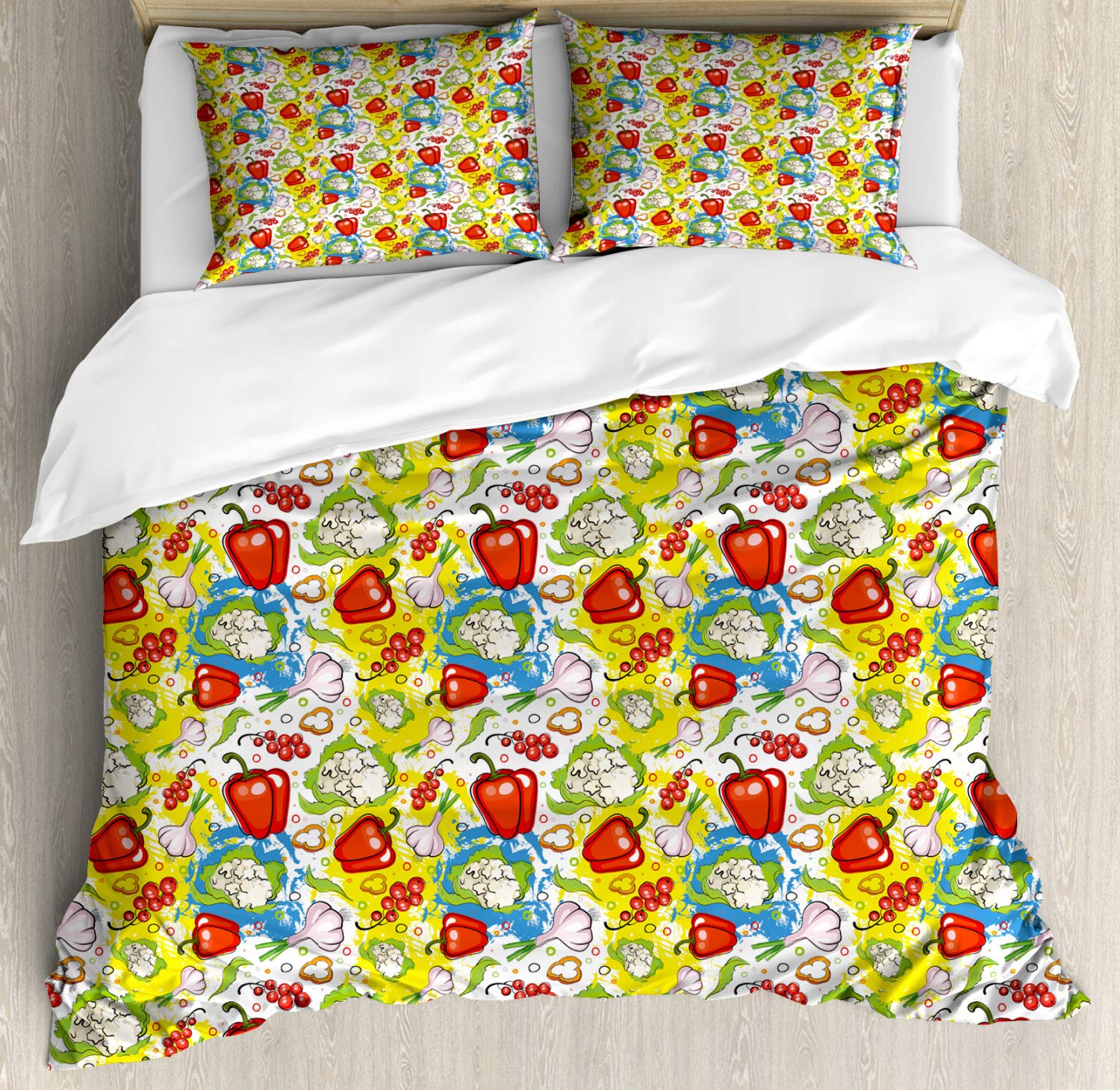 Lunarable Vegetables Duvet Cover Set - Queen Size 2 Pack with 2 Duvet Covers & 4 Pillowcases, Ornate Food Print Featuring Garlic, Pepper, Cauliflower in Lime Green & Yellow | Perfect for Modern Bedroom Decor, Guest Room Styling, and Unique Gift Ideas