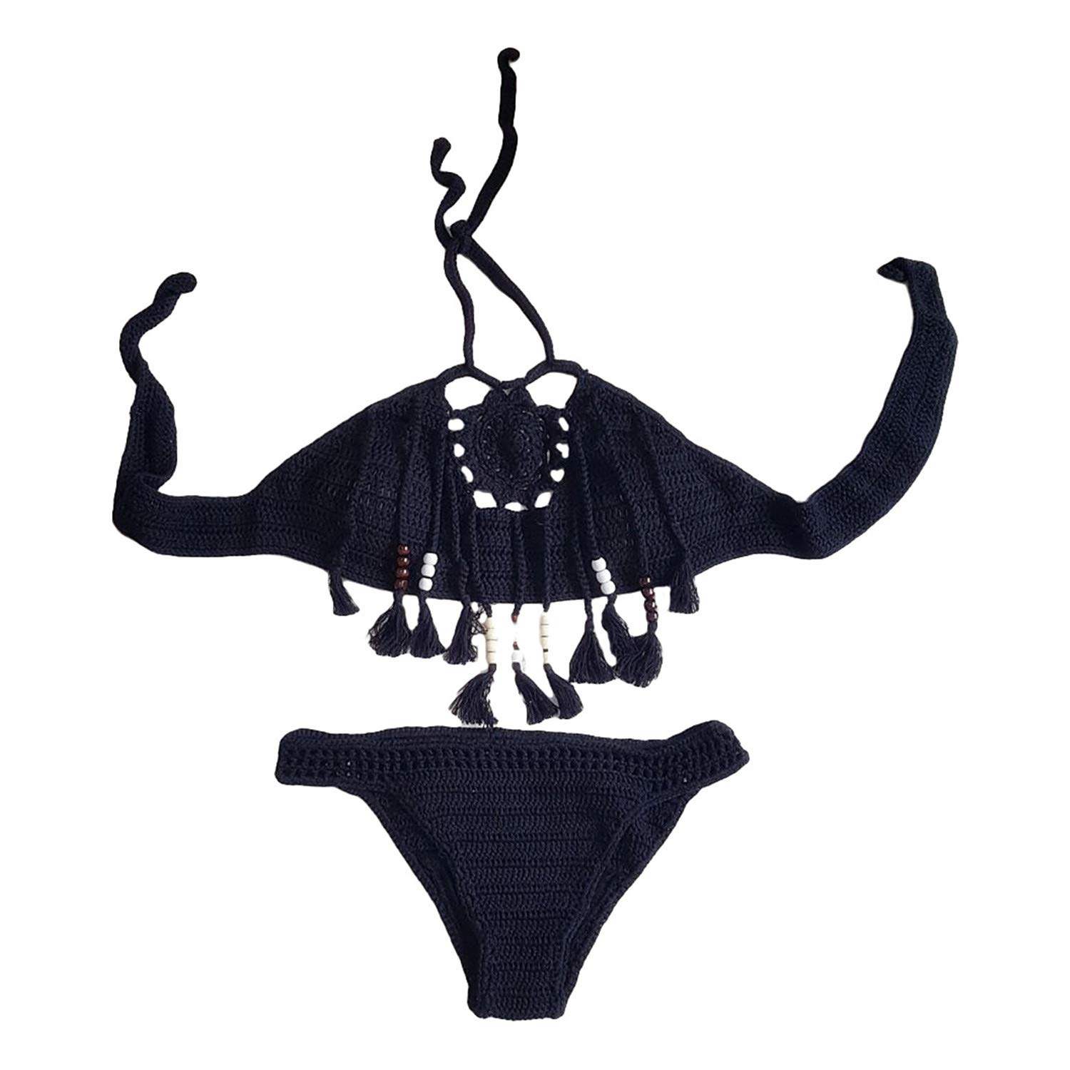 Andongnywell Women's Crochet Fringed Bikini Set - Handmade Two Piece Swimsuit with Tassels for Beach Vacation, Pool Party & Summer Getaway