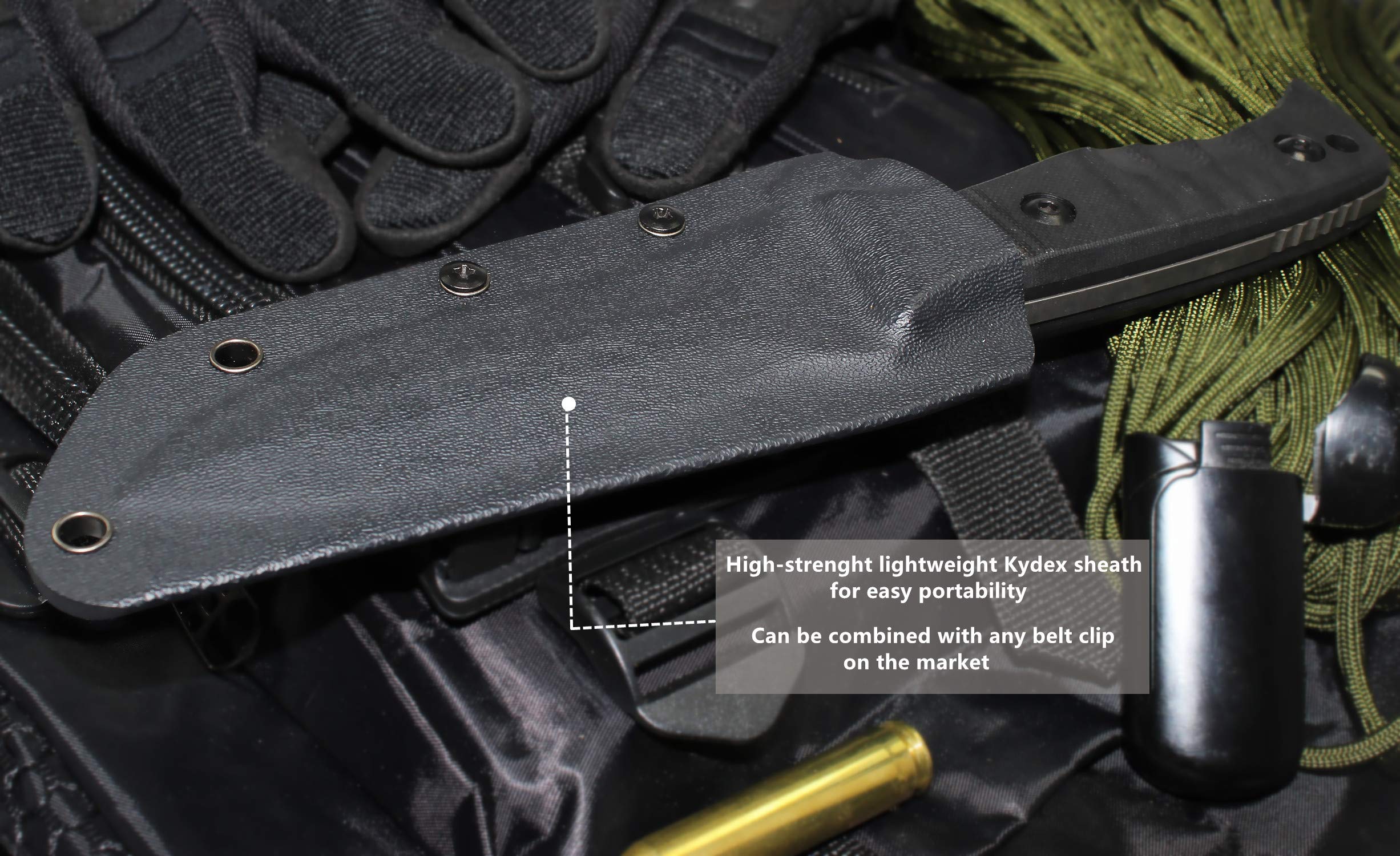 OERLA TAC OL-0021SD Fixed Blade Knife - 420HC Stainless Steel Hunting & Survival Knife with G10 Handle, Double Sided Blade, Waist Clip & Kydex Sheath - Perfect for Camping, Outdoor Adventures & EDC (Black)