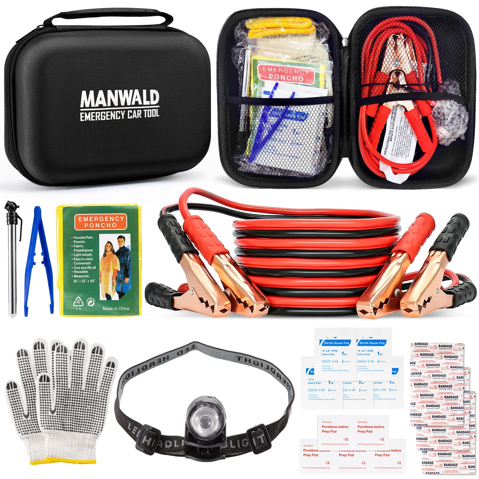 Emergency Car Tool Kit with Headlamp, Gloves & Jumper Cables - Roadside Assistance & Vehicle Safety Essentials for Men & Women - Perfect for Road Trips, Breakdowns & Winter Driving