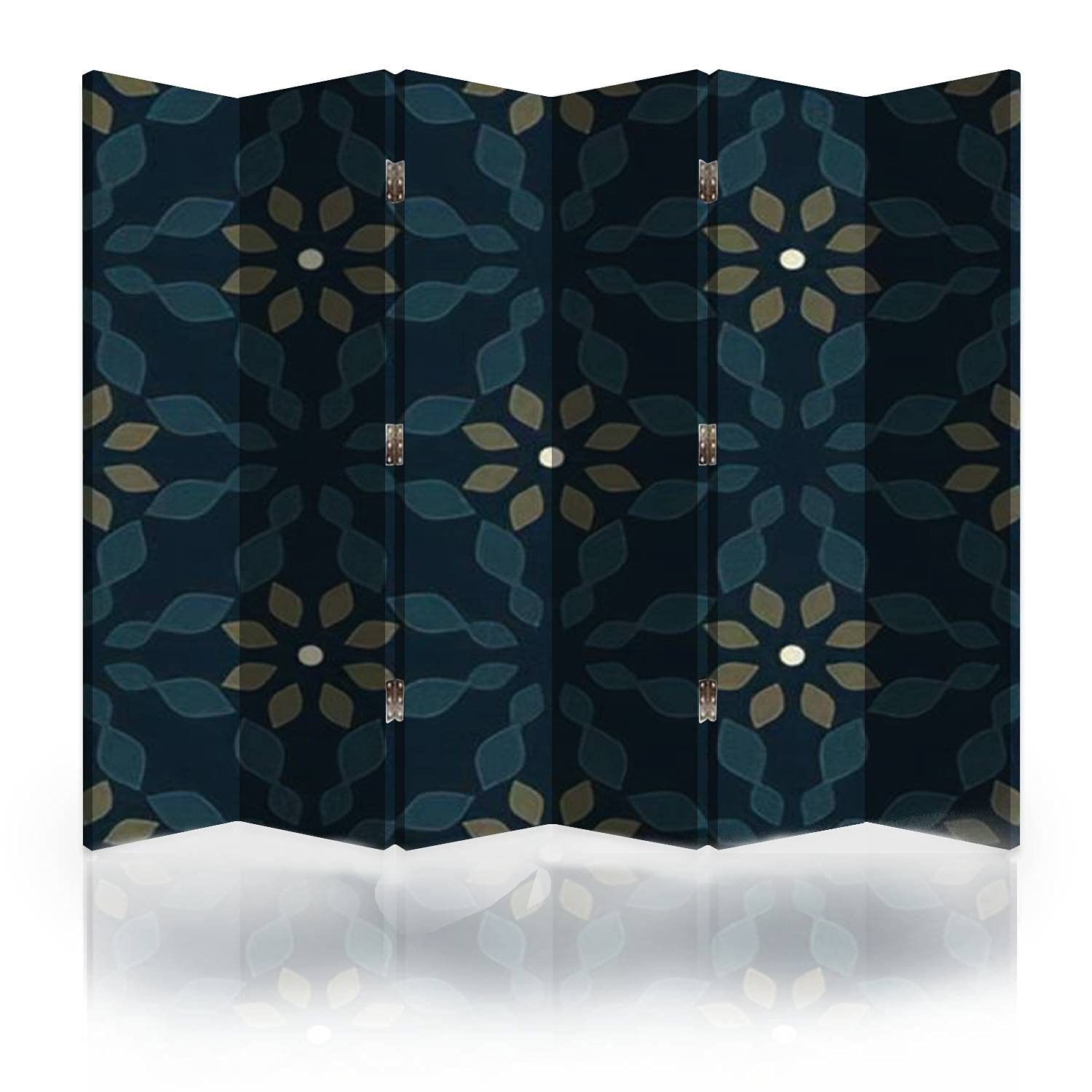 6-Panel Moroccan Tile Pattern Canvas Room Divider Screen - Oriental Floral Mosaic with Mustard Flowers Motif, Folding Privacy Partition for Bedroom, Living Room & Office Space | Home Decor & Room Separator