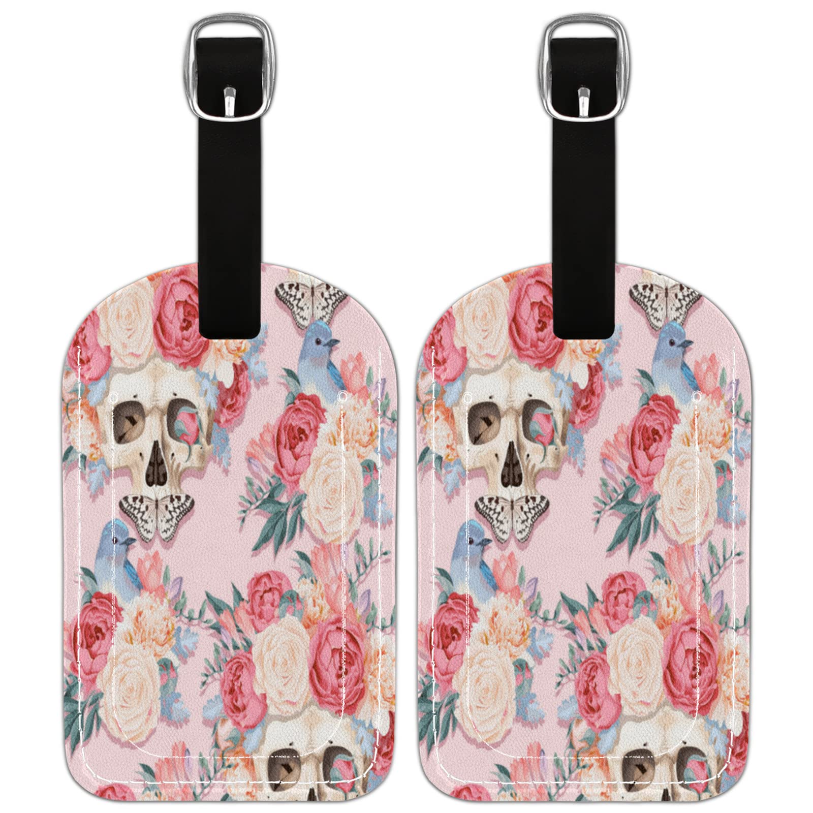 2 Pack PU Leather Luggage Tags with Privacy Cover - Sugar Skull & Rose Butterfly Design Suitcase ID Labels for Travel, Cruise & Airports | Durable Name Tags for Checked Bags & Backpacks