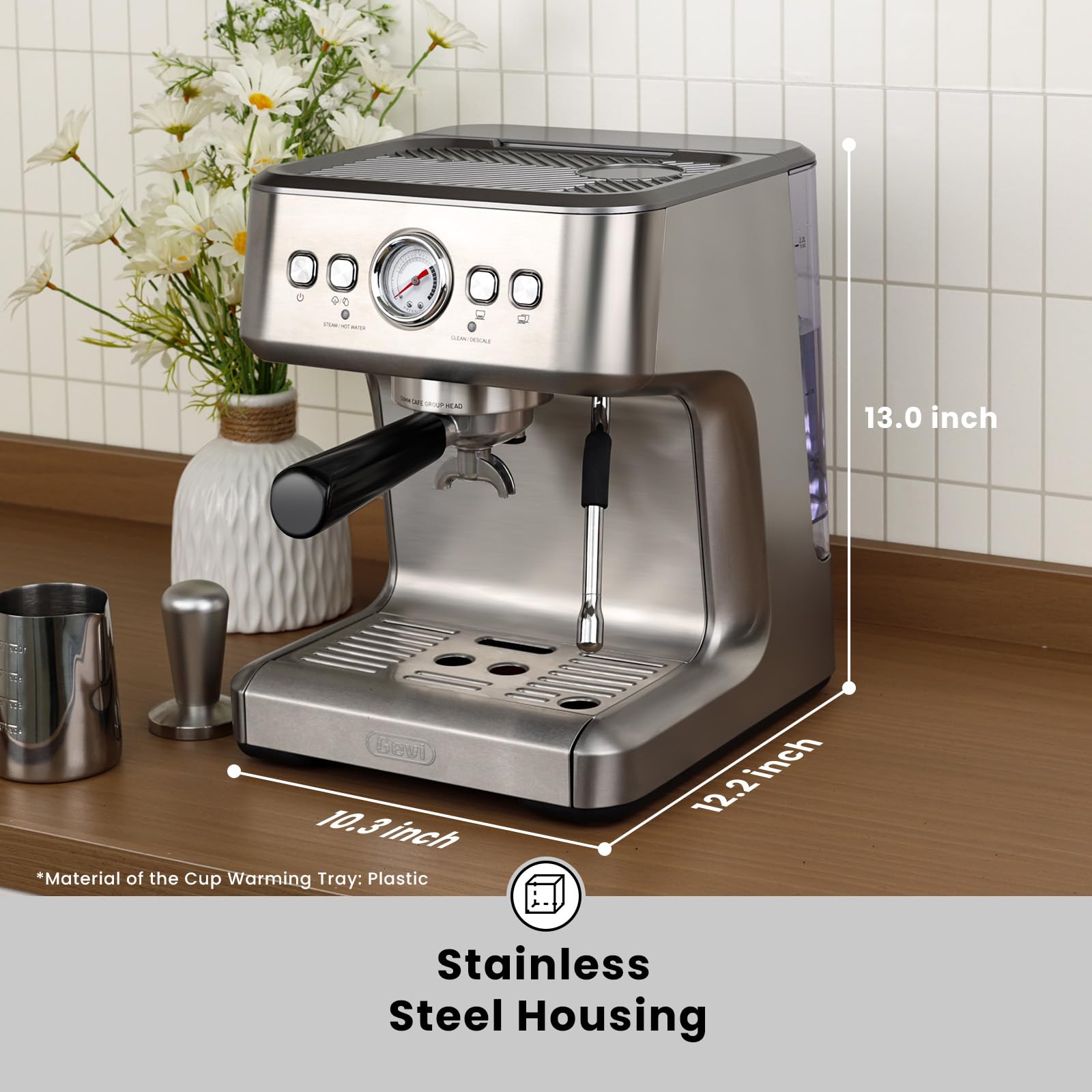 Gevi EzBru 1000C 20 Bar Professional Espresso Machine with Pressure Gauge & Milk Frother - Adjustable Temperature & Shot Volume for Latte, Cappuccino - Perfect for Home Baristas & Coffee Shops