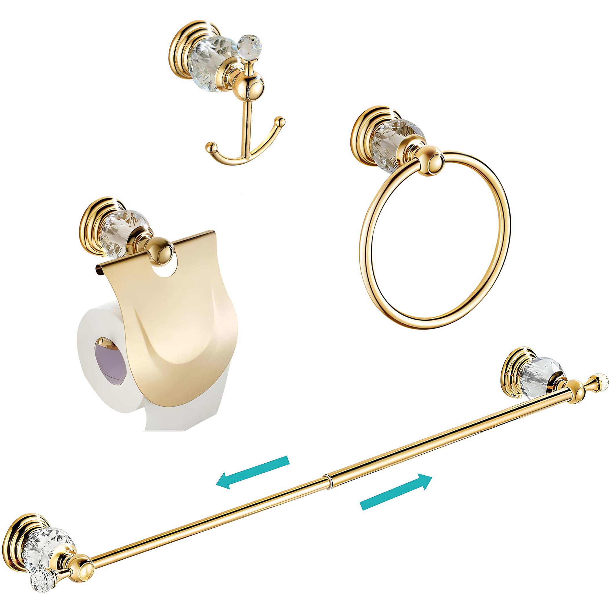 Golden Bathroom Accessories Set - Crystal Towel Bar & Wall Mounted Hooks for Luxury Bathrooms