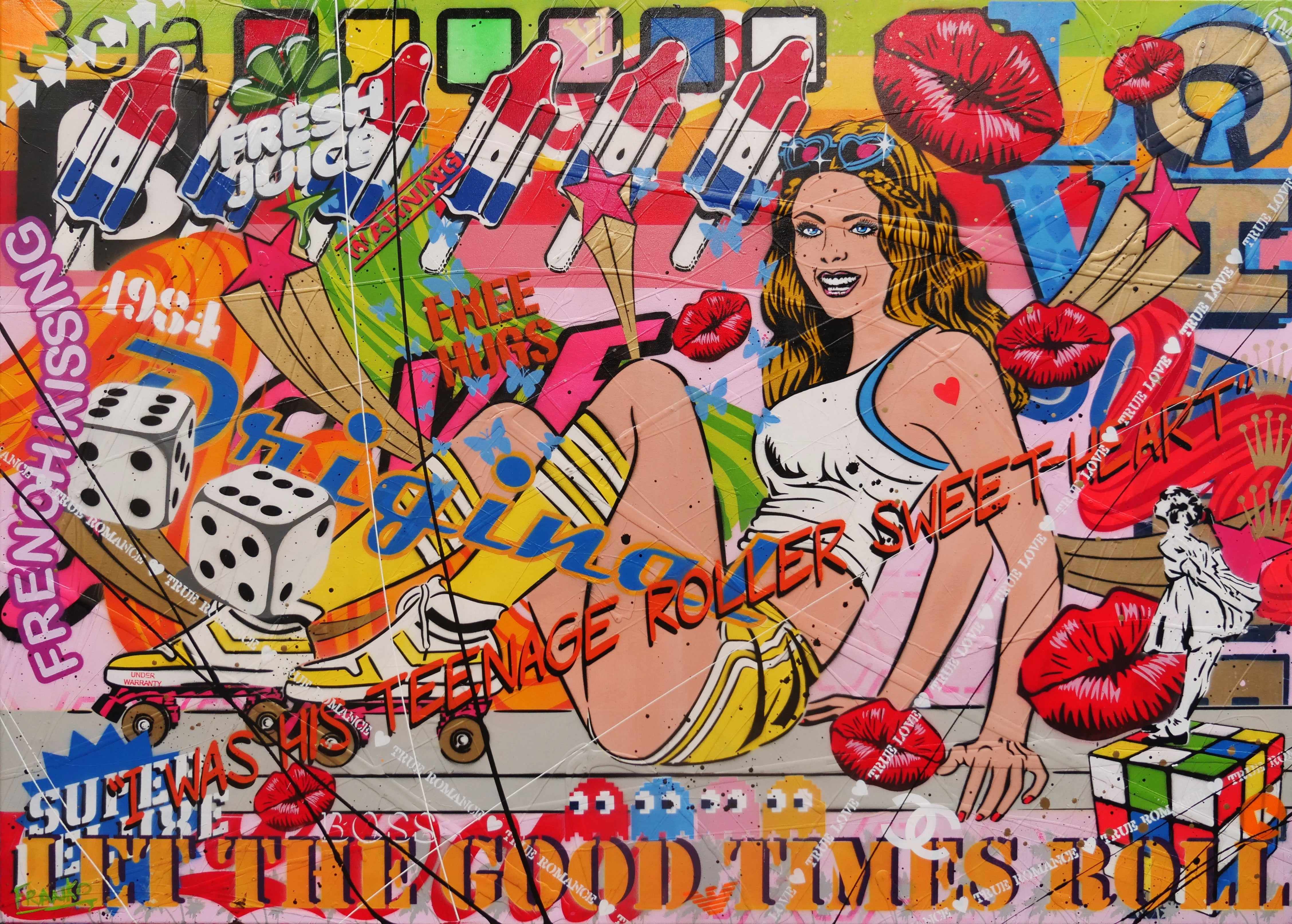 Vibrant Roller Skate Girl Textured Urban Pop Art Painting - 140cm x 100cm Wall Decor for Living Room, Bedroom & Skate Shop