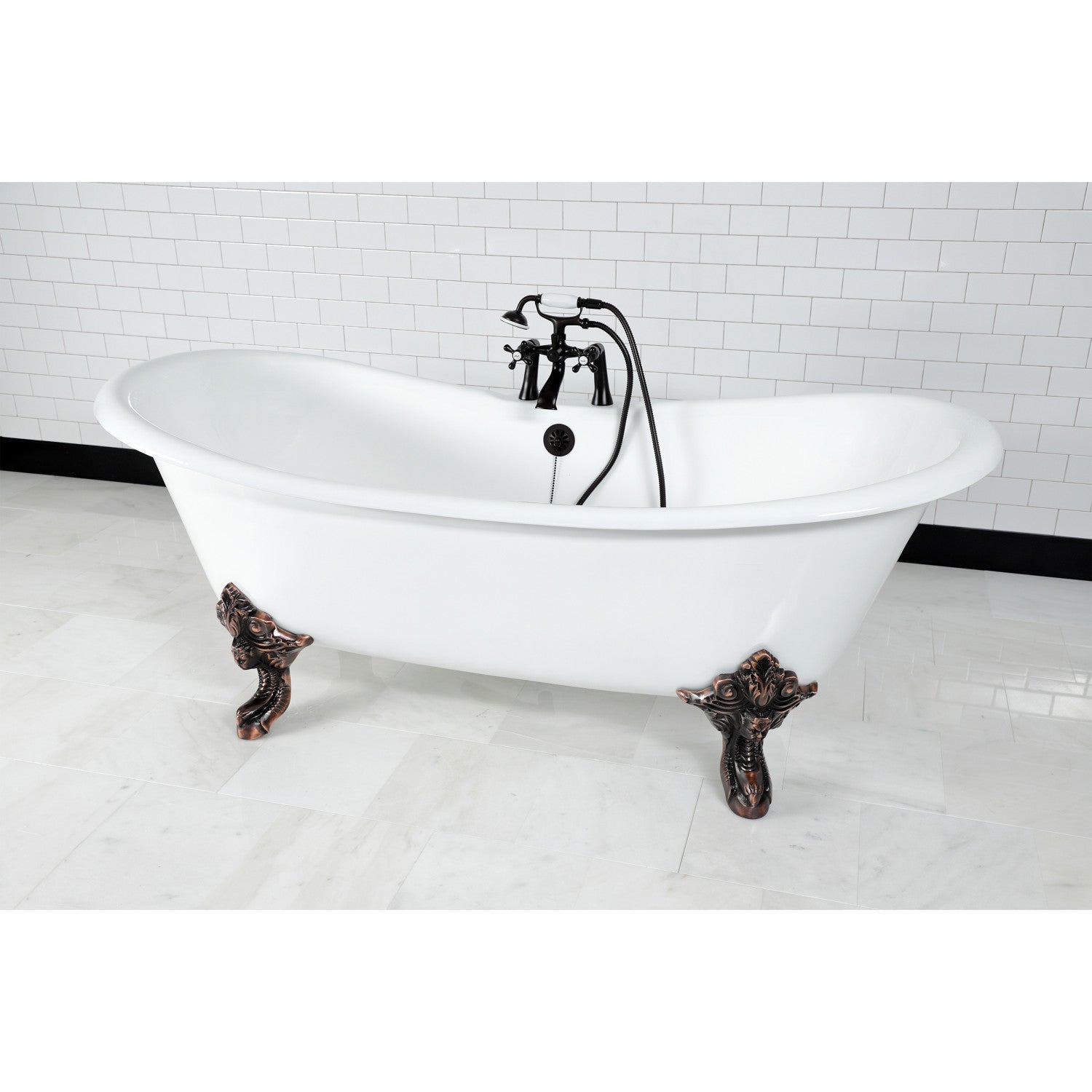 72 Inch White Cast Iron Clawfoot Bathtub - Oval Double Slipper Design with Oil Rubbed Bronze Faucet (7 Inch Drillings) | Vintage Bathroom Centerpiece for Luxury Spa Experience