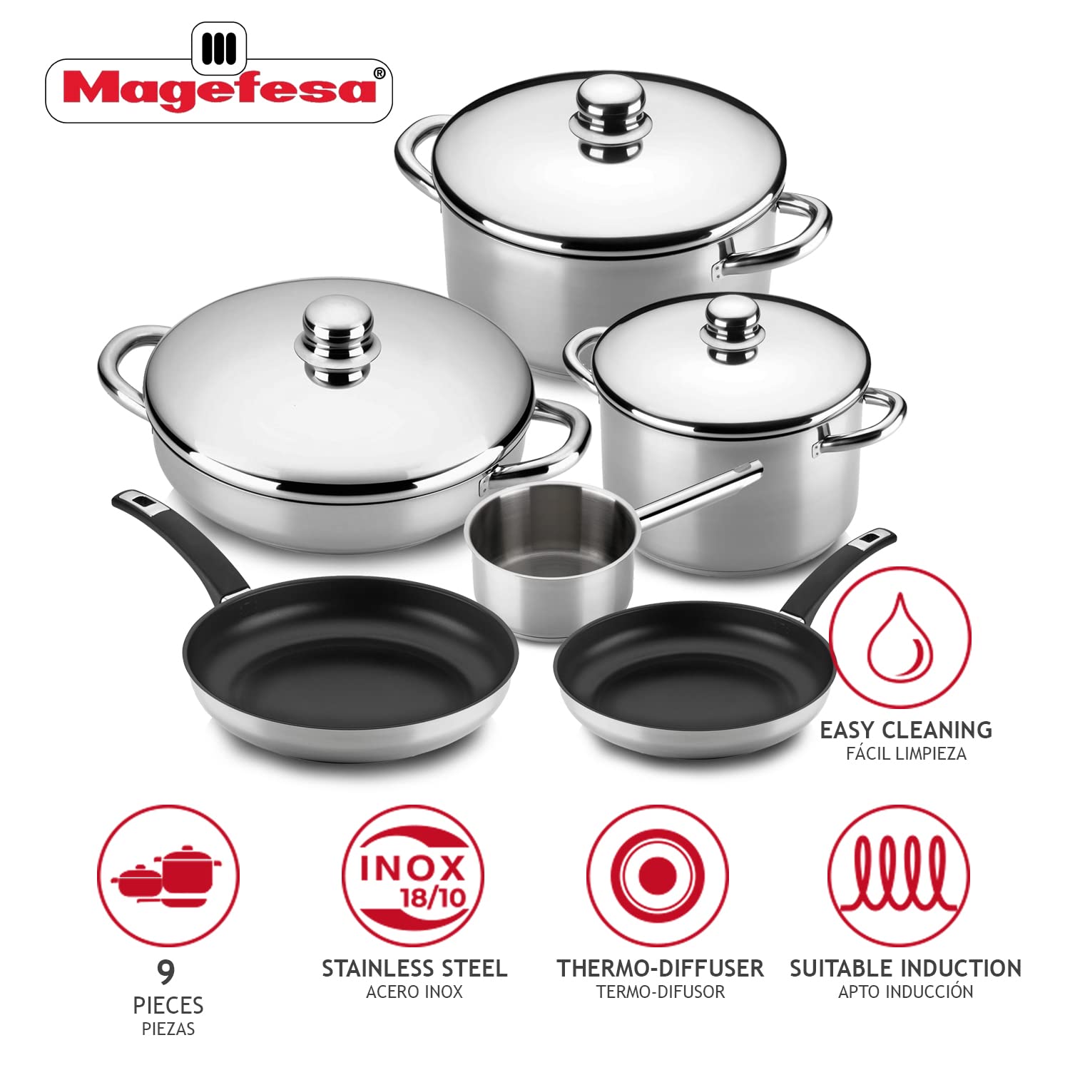 MAGEFESA 9-Piece Stainless Steel Cookware Set - Stockpot, Stewpot, Saucepan, Sauté Pan & Skillets - Induction Compatible & Dishwasher Safe Cookware for Gas, Electric & Ceramic Stovetops - Perfect for Family Cooking, Meal Prep & Entertaining