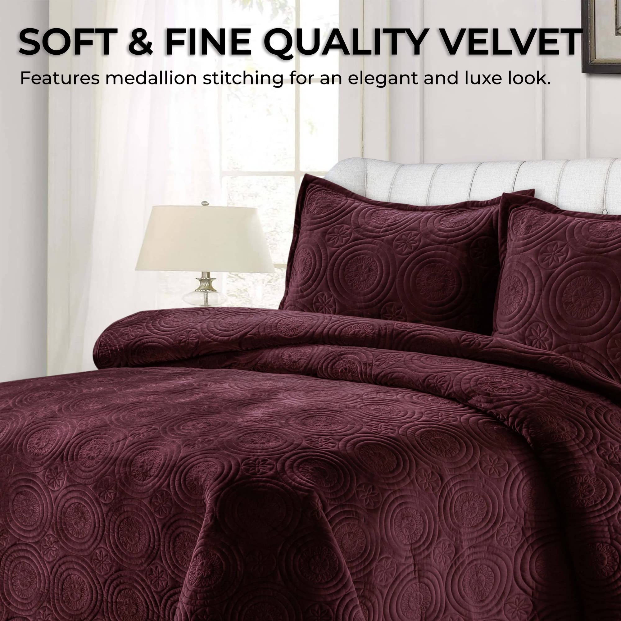 Tribeca Living Oversized Velvet Quilt - 3-Piece Queen Bed Set with 260GSM Soft Quilted Velvet, Includes 1 Quilt & 2 Shams in Plum | Luxurious Bedding for Master Bedroom, Guest Room & Cozy Winter Nights