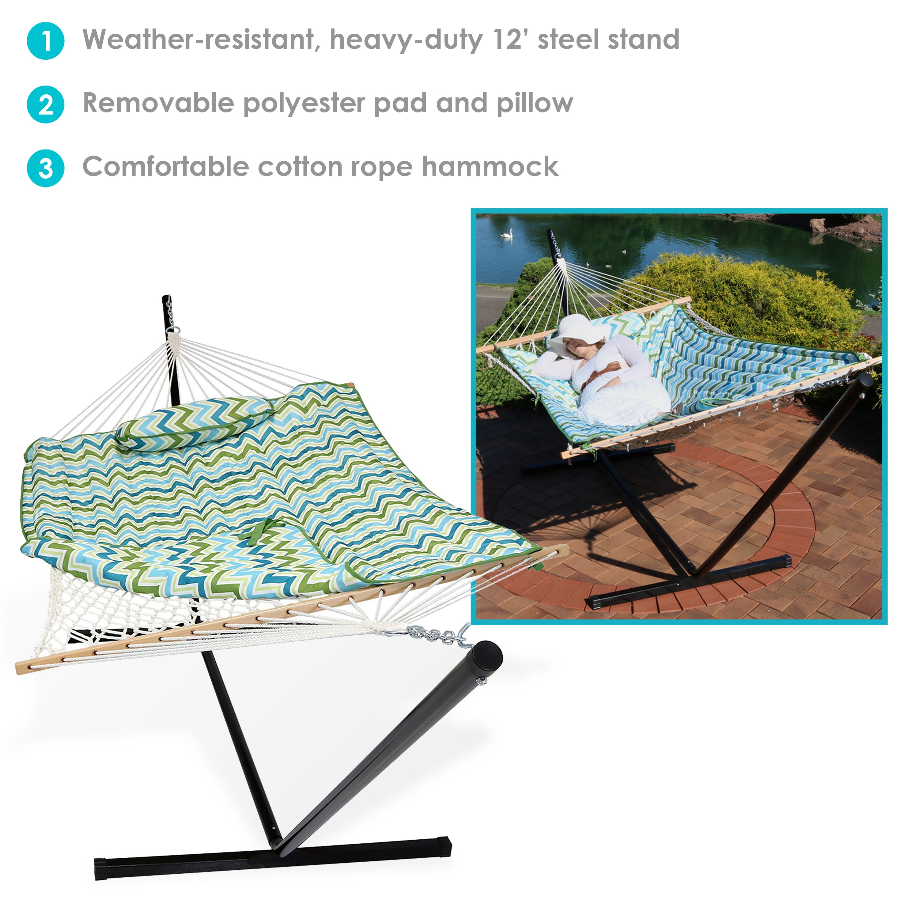 Premium Sunnydaze Rope Hammock with 12' Heavy-Duty Steel Stand, Comfortable Pad & Pillow - Perfect for Backyard Relaxation, Beach Lounging & Outdoor Adventures