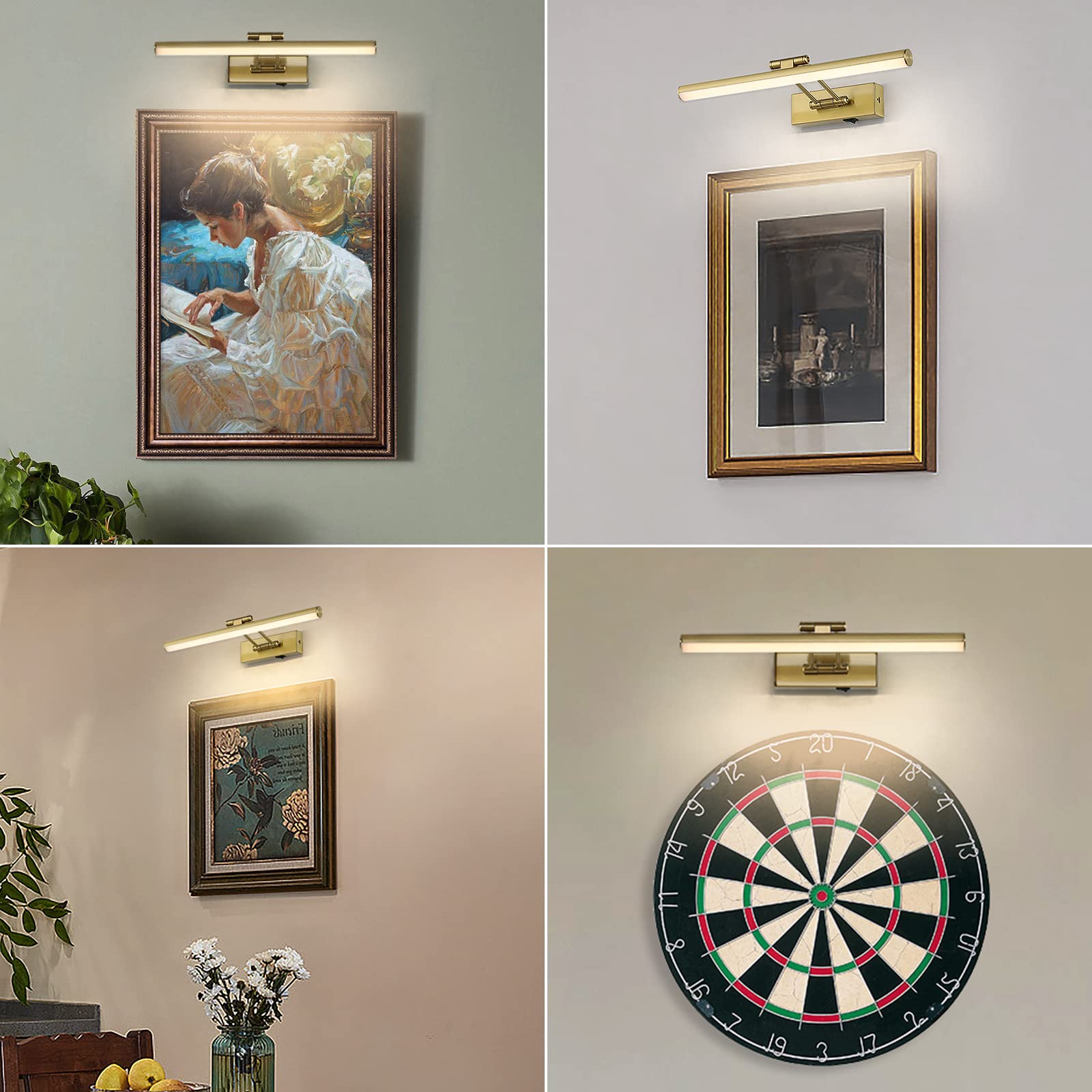 JUSHENG 16'' Wireless Picture Light with Remote & Timer - Rechargeable Battery Operated Swing Arm Art Light for Frame Artwork, Gallery Display - Golden Brass Finish | Perfect for Home Decor, Museums & Art Exhibitions