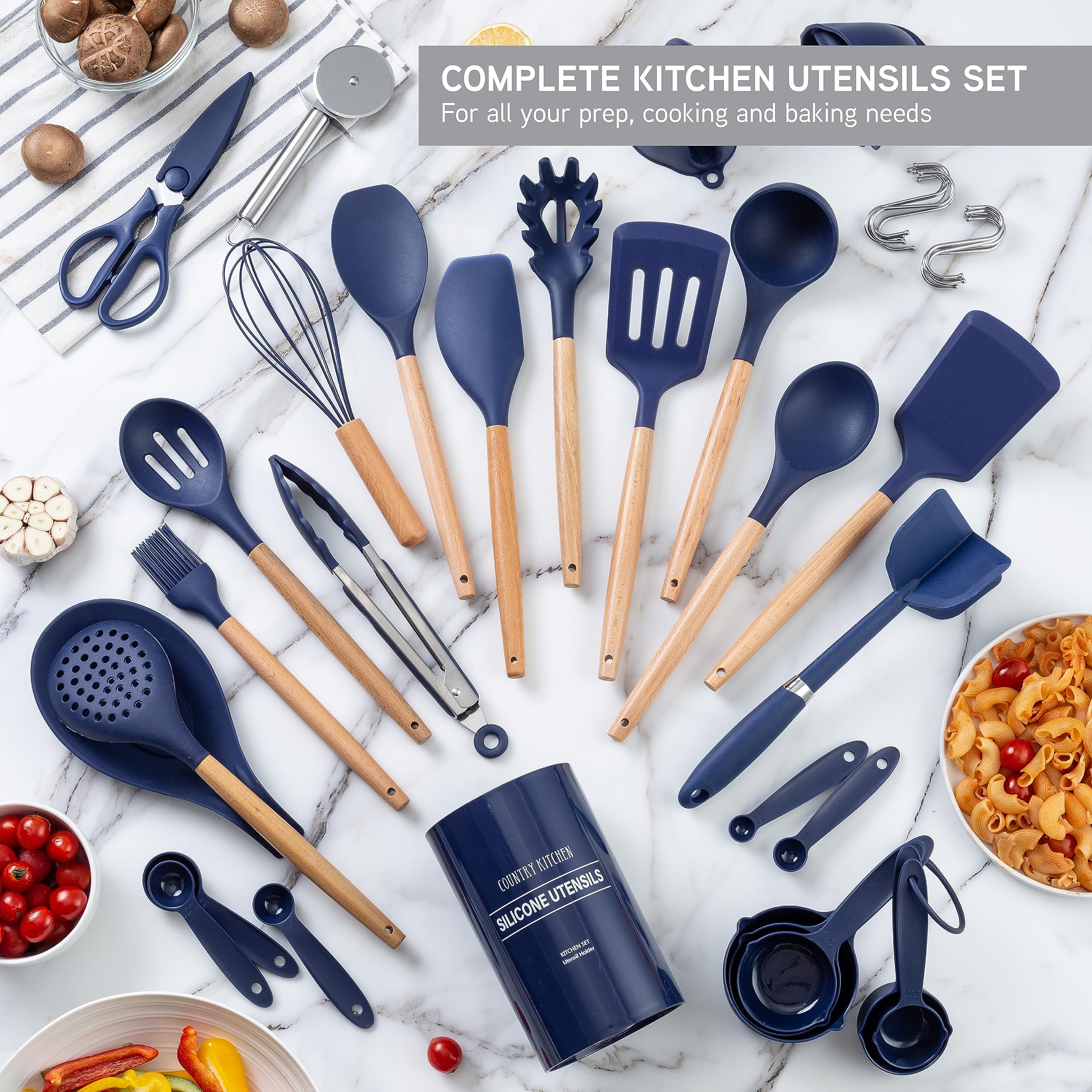 Non-Stick Silicone Cooking Utensil Set with Wooden Handles - 38-Piece Kitchen Tool Set for Baking, Frying & Stirring - Navy Blue Country Kitchen Essentials for Home Chefs & Bakers