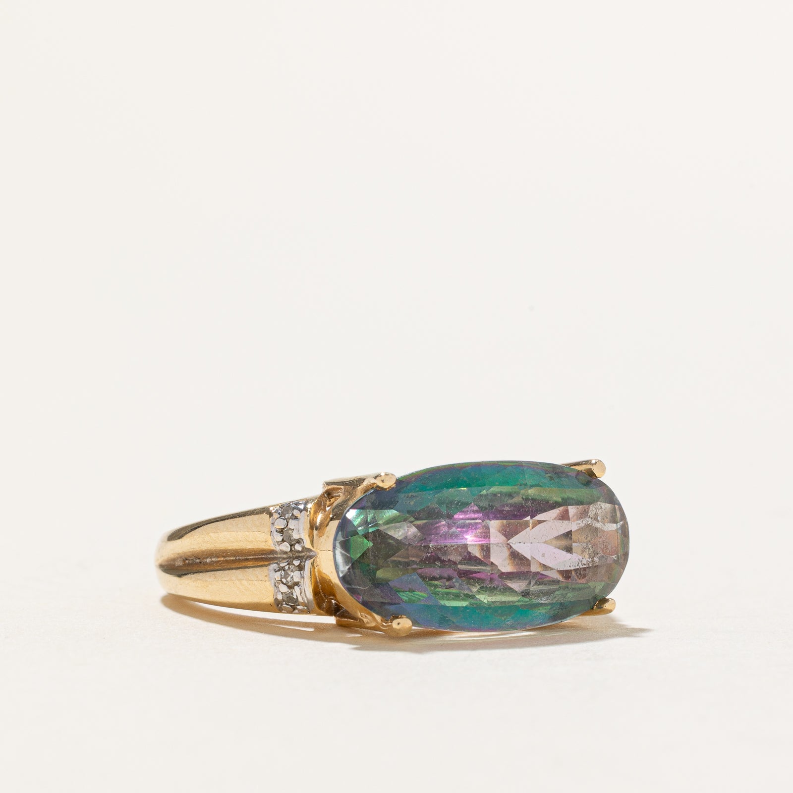East West Mystic Topaz & Diamond Cocktail Ring - 8.00ct Mystic Topaz with 0.04ctw Diamonds - Size 6.75 - Elegant Jewelry for Evening Parties, Weddings & Special Occasions
