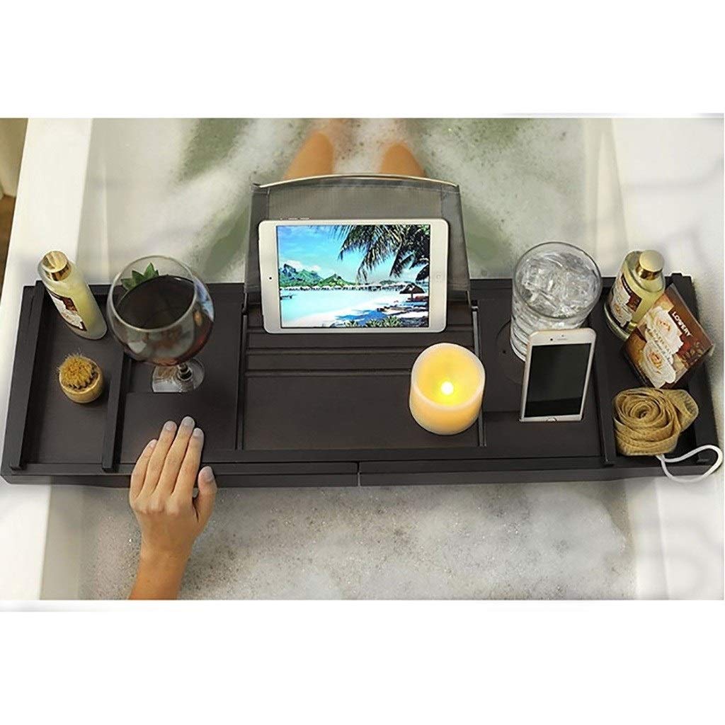 Premium Bamboo Bathtub Tray with Extendable Sides - Built-in Book/Tablet Holder, Phone Stand & Wine Glass Holder - Spa Relaxation Bath Accessories for Ultimate Self-Care Experience