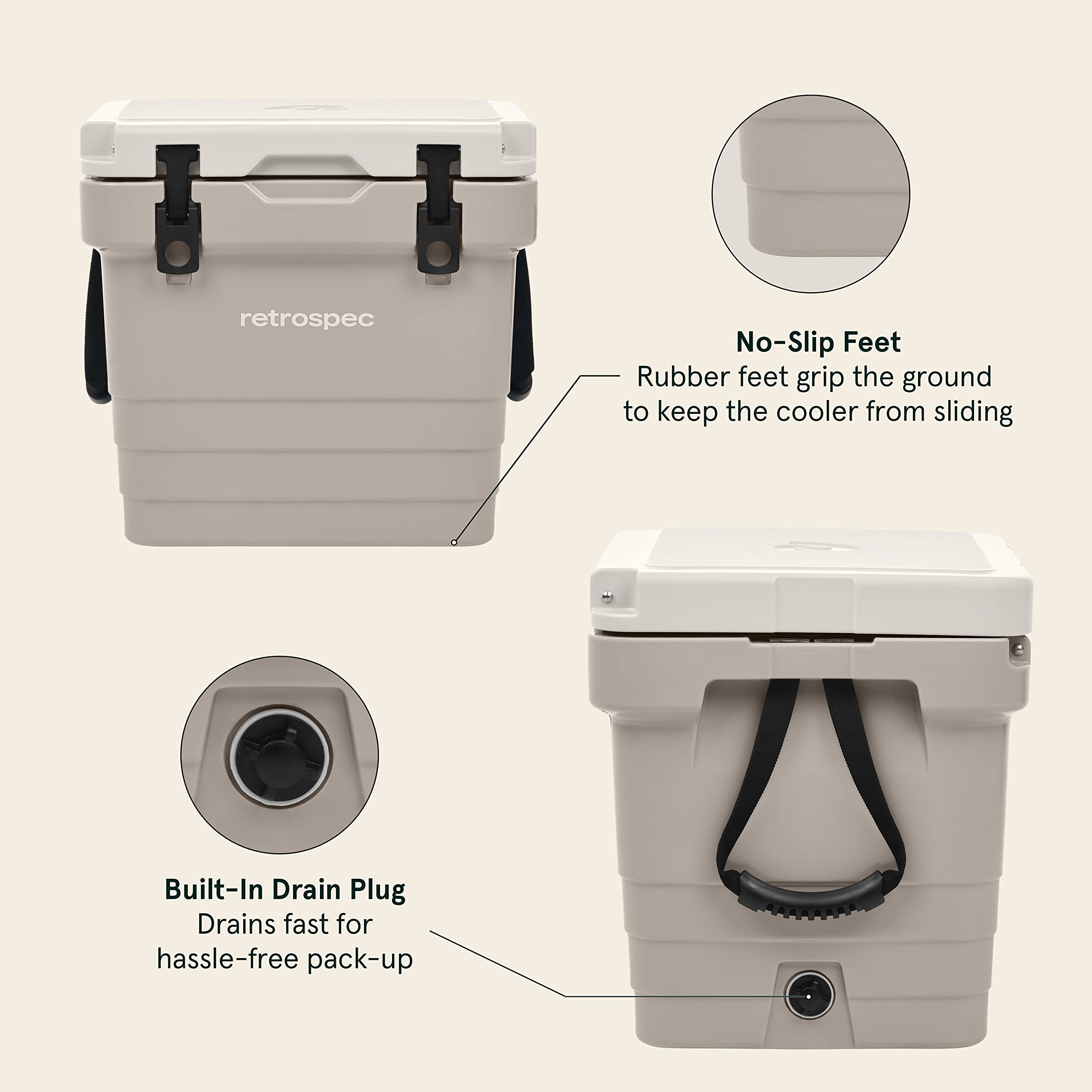 Retrospec Palisade Rotomolded Cooler - Fully Insulated Portable Ice Chest with Built-in Bottle Opener, Tie-Down Slots & Dry Storage Basket - 25QT, 45QT, 65QT Sizes for Beach, Camping, Travel & Outdoor Adventures - Perfect for Picnics, Tailgating & Road Trips