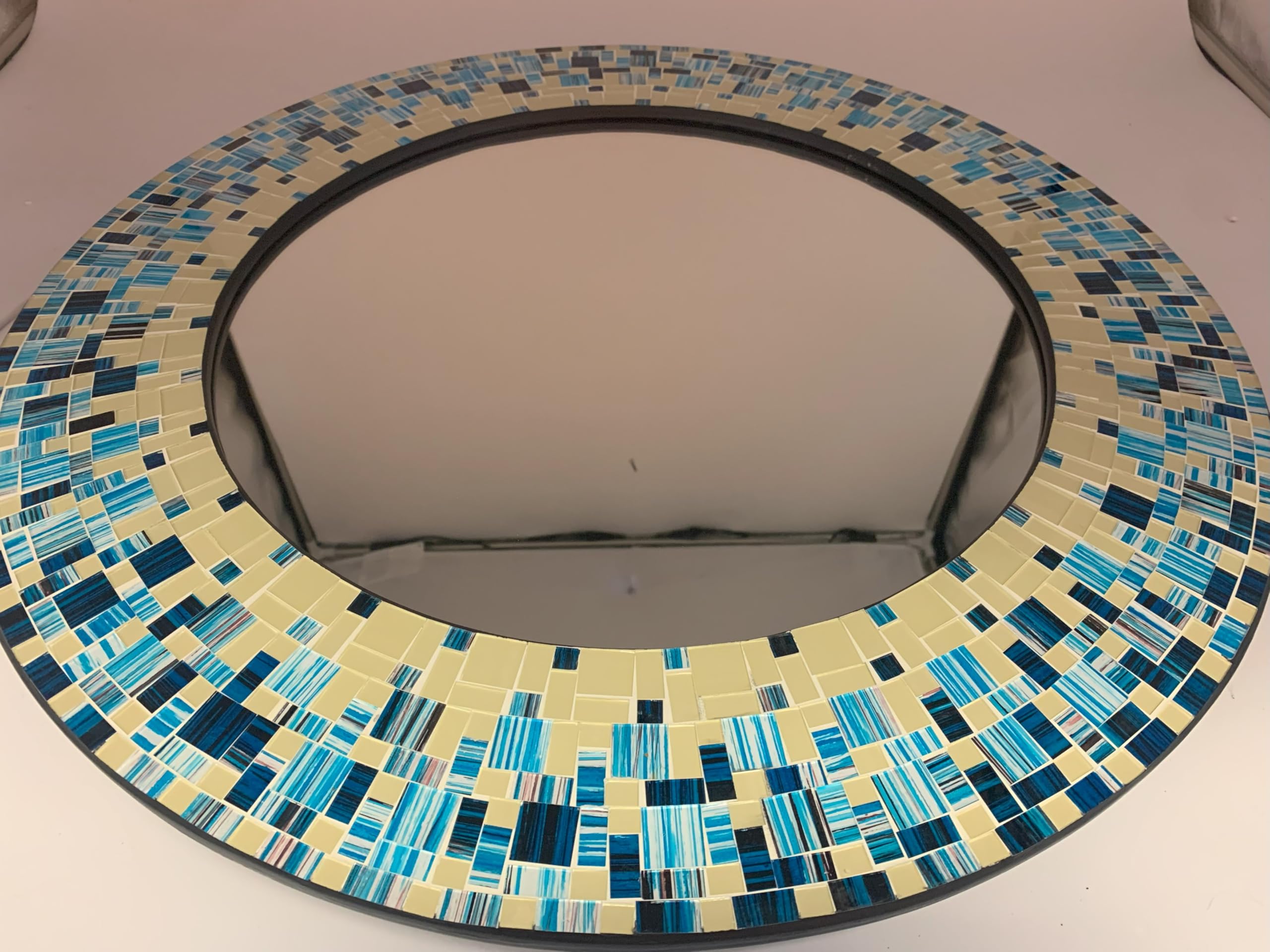 Handcrafted Beige and Blue Mosaic Wall Mirror - 24