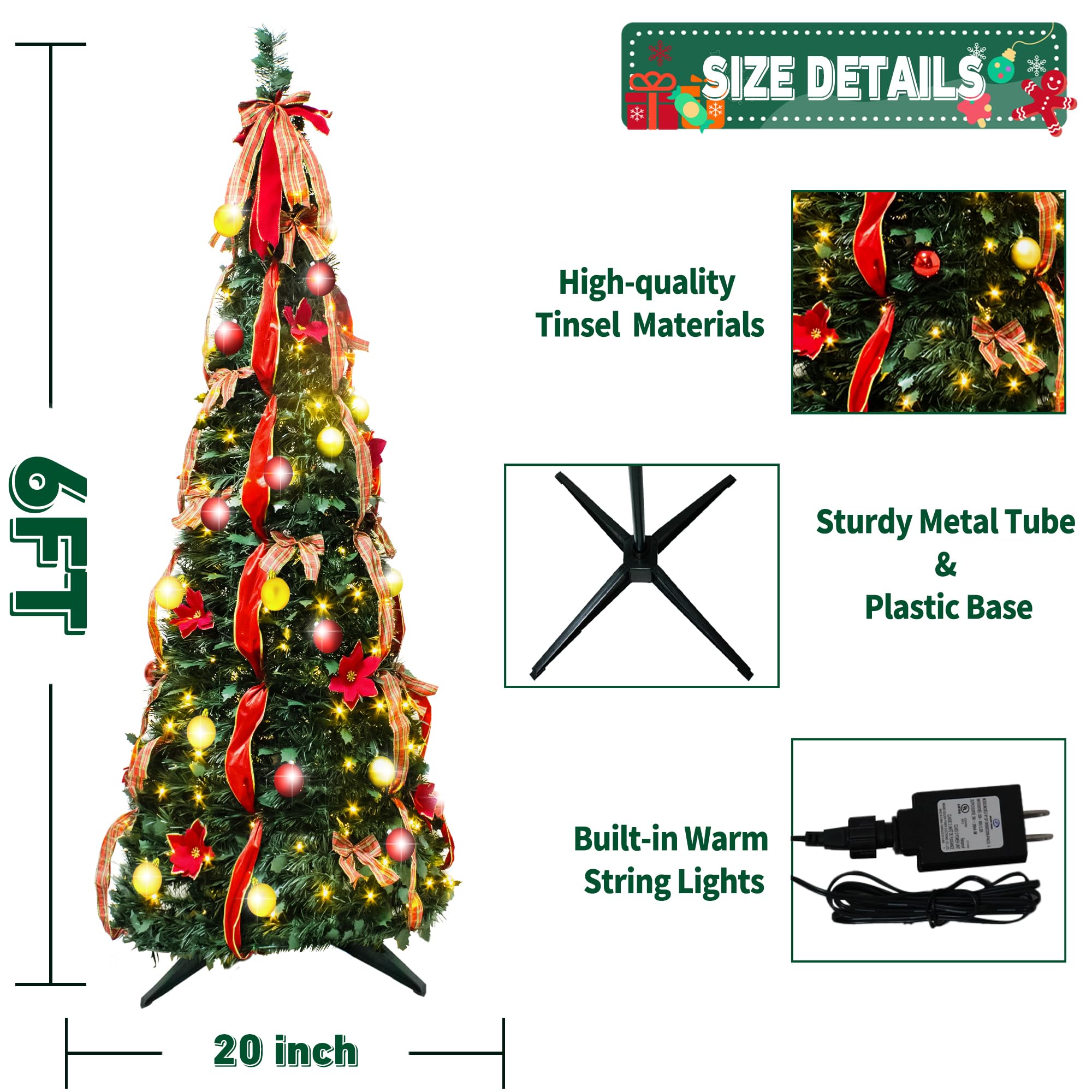 6FT Pre-Lit Pop-Up Christmas Tree with Red Ribbon Bow & Sparkling Ball Ornaments - Indoor/Outdoor Artificial Holiday Decor for Living Room, Porch, Office & Party Decorations
