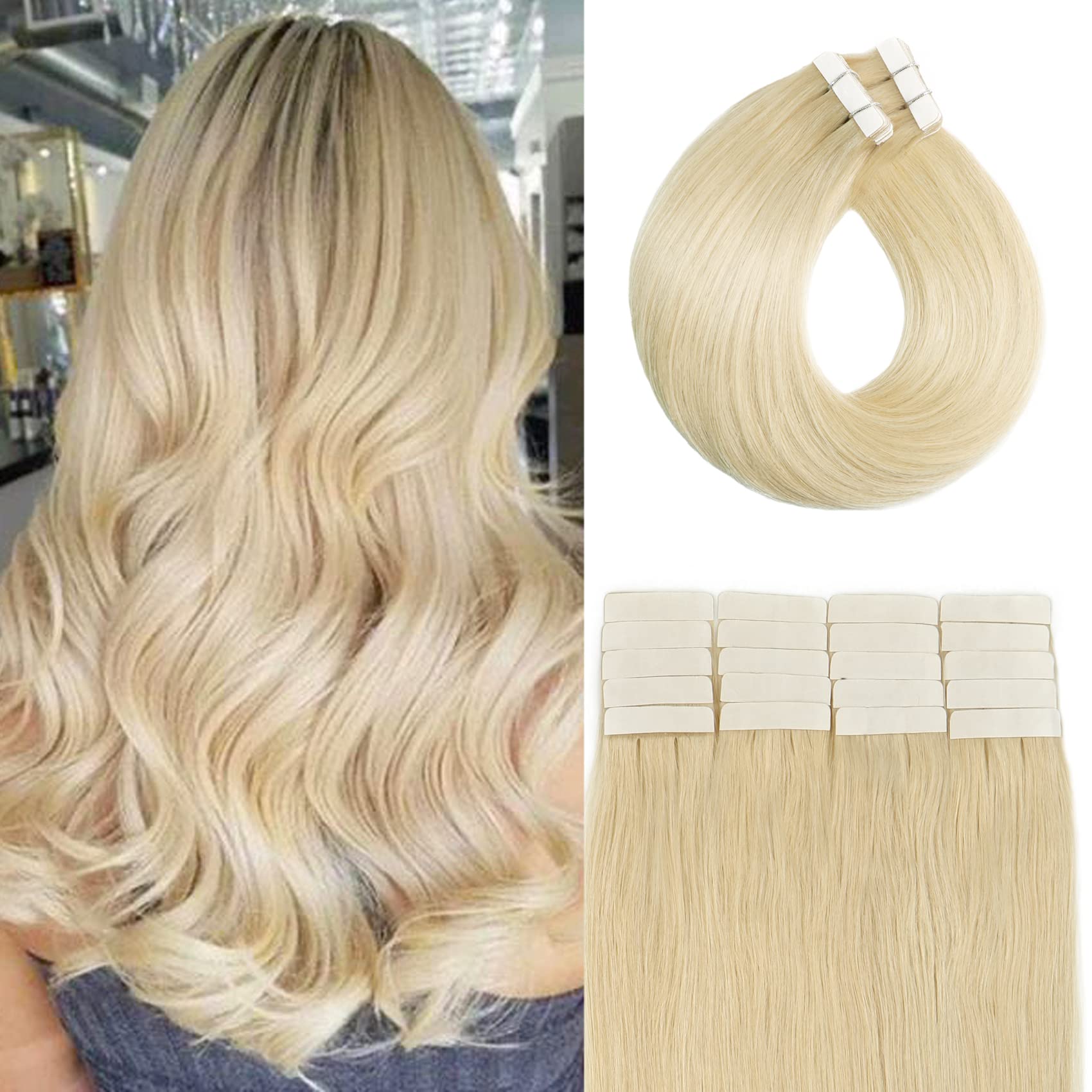 20pcs Platinum Blonde Tape in Hair Extensions 18 Inch - 100% Real Human Hair for Soft & Natural Look | Perfect for Daily Wear, Parties & Special Occasions